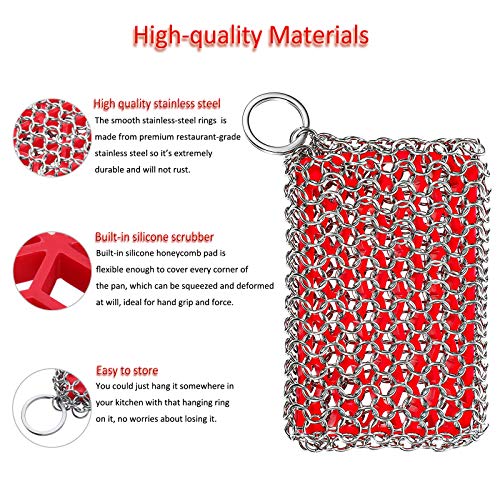 Cast Iron Skillet Cleaner, 316 Stainless Steel Chainmail Scrubber with Silicone Insert for Cast Iron, Grill, Pie Pan, Casserole Dishes - Image 5
