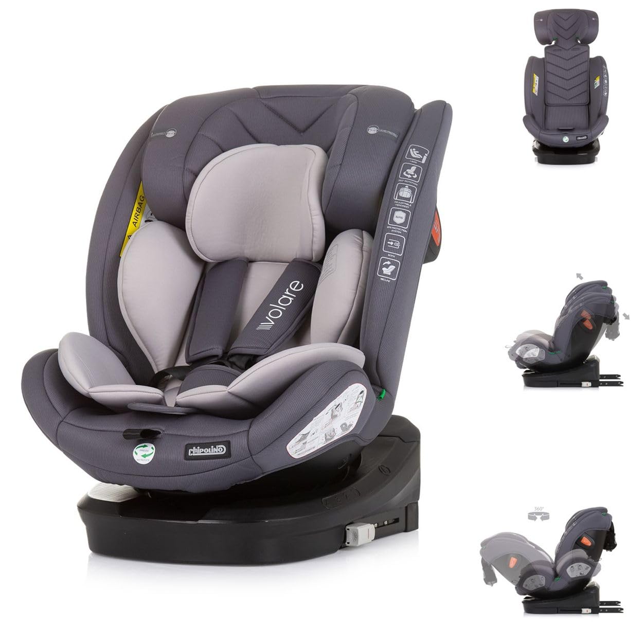 Chipolino Kindersitz Volare i-Size (40-150cm) Isofix, drehbar, SPS, Top Tether grau