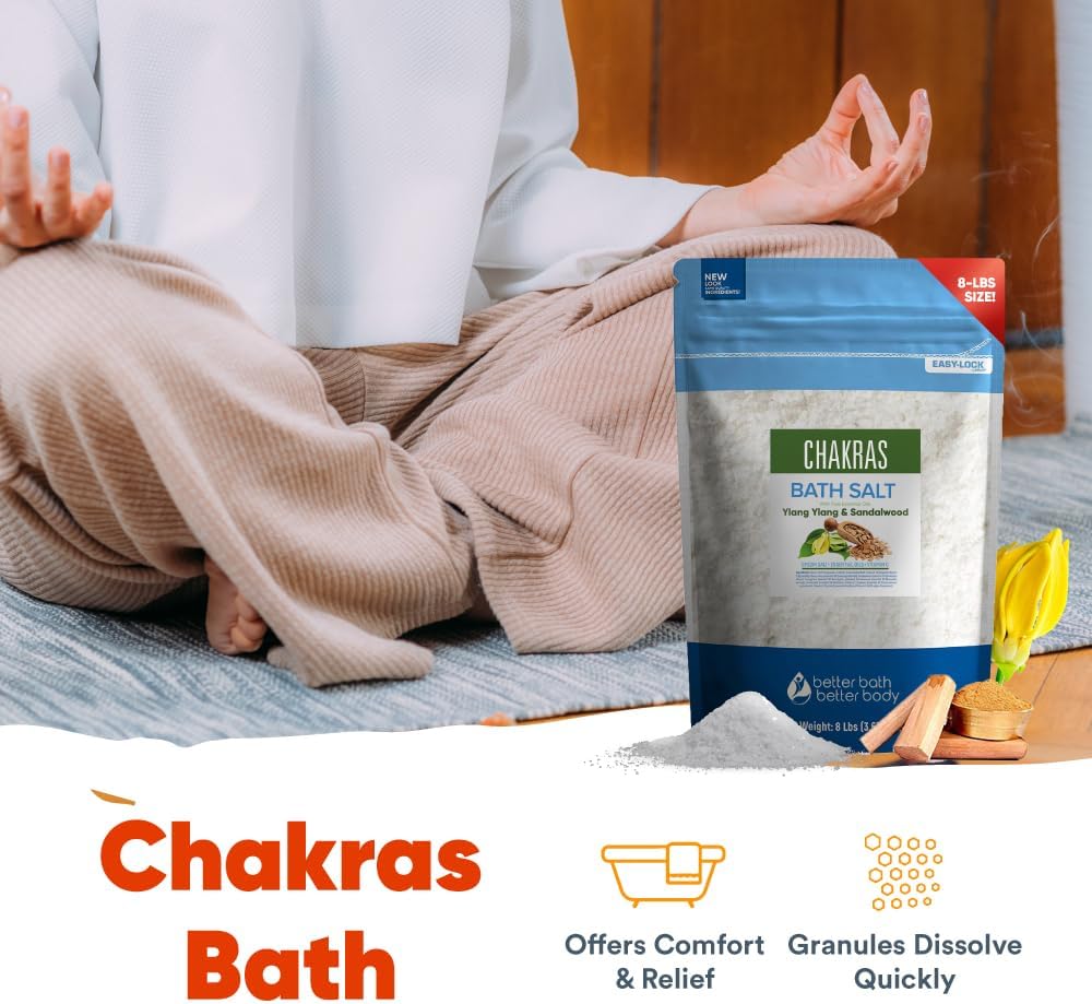 Chakras Bath Salt 128 Ounces (8 Lbs) Epsom Salt with Natural Ylang Ylang and Sandalwood Essential Oils Plus Vitamin C in BPA Free Pouch with Easy Press Lock Seal Made in USA
