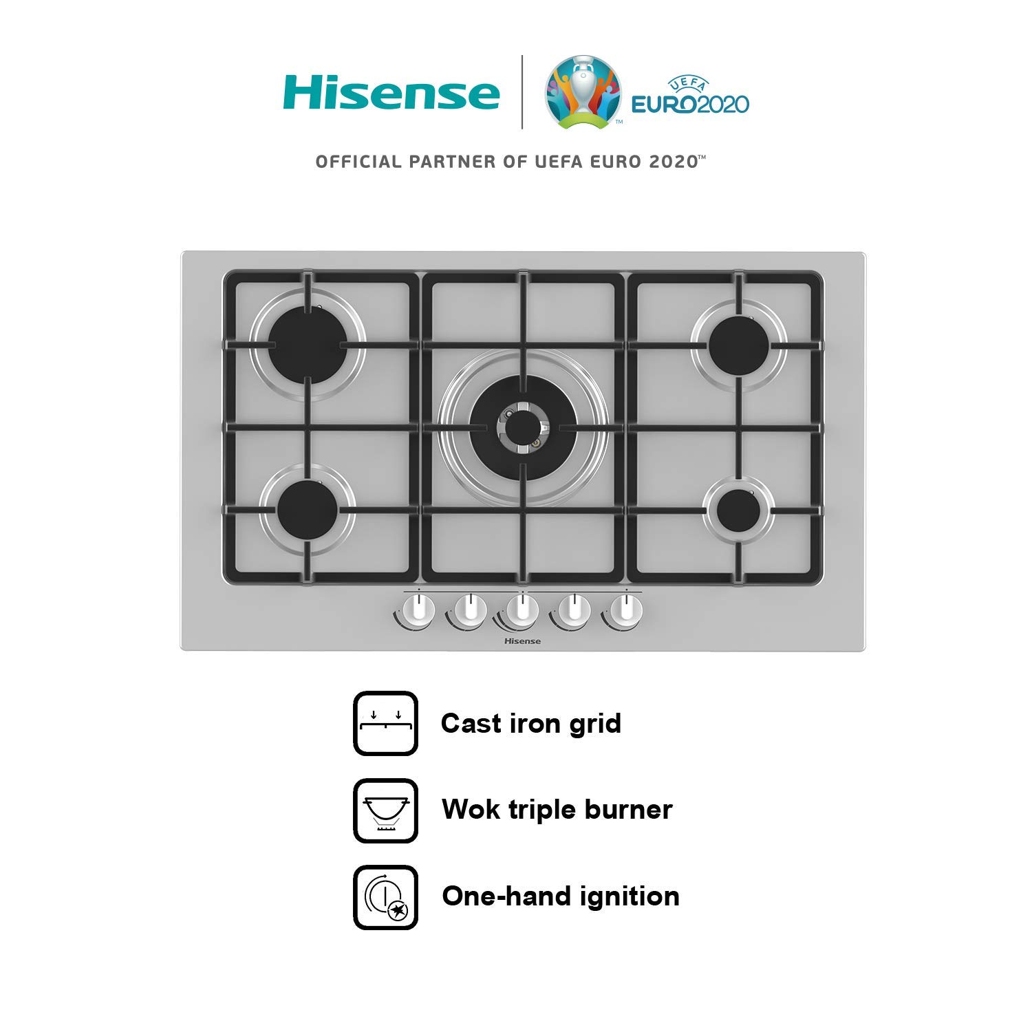 Hisense GM973XF Plateau de cuisson à gaz, 5 zones de cuisson, largeur 90 cm, grilles en fonte, allumage intégré, inox anti-empreintes digitales, brûleur Wok