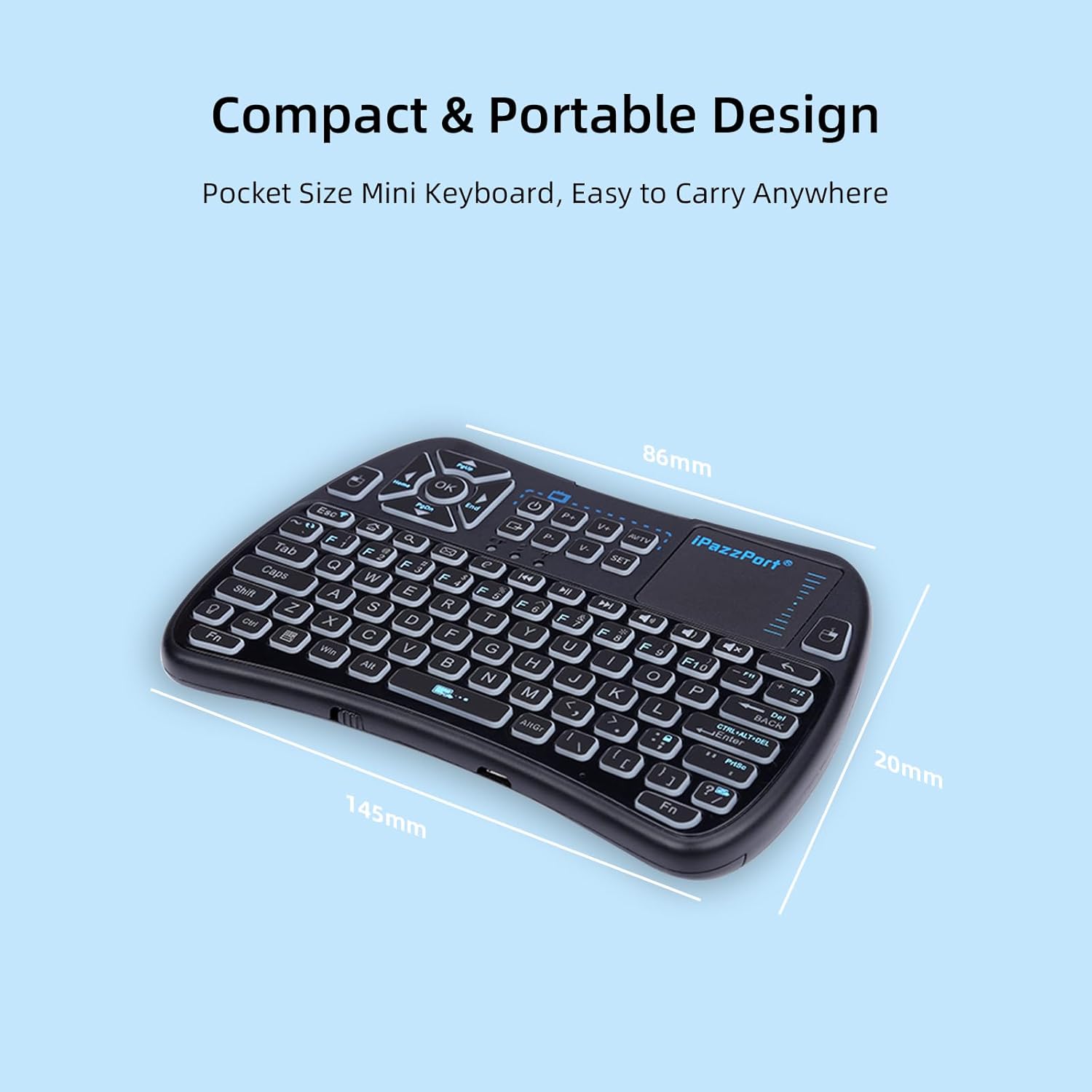 iPazzPort Mini Wireless Keyboard with Touchpad Dual-Mode 2.4G & Bluetooth, 3-Color Backlit,IR Learning Remote, Rechargeable Battery Handheld Keyboard for Smart TV, PC, Laptop, Projector, PS5, Xbox