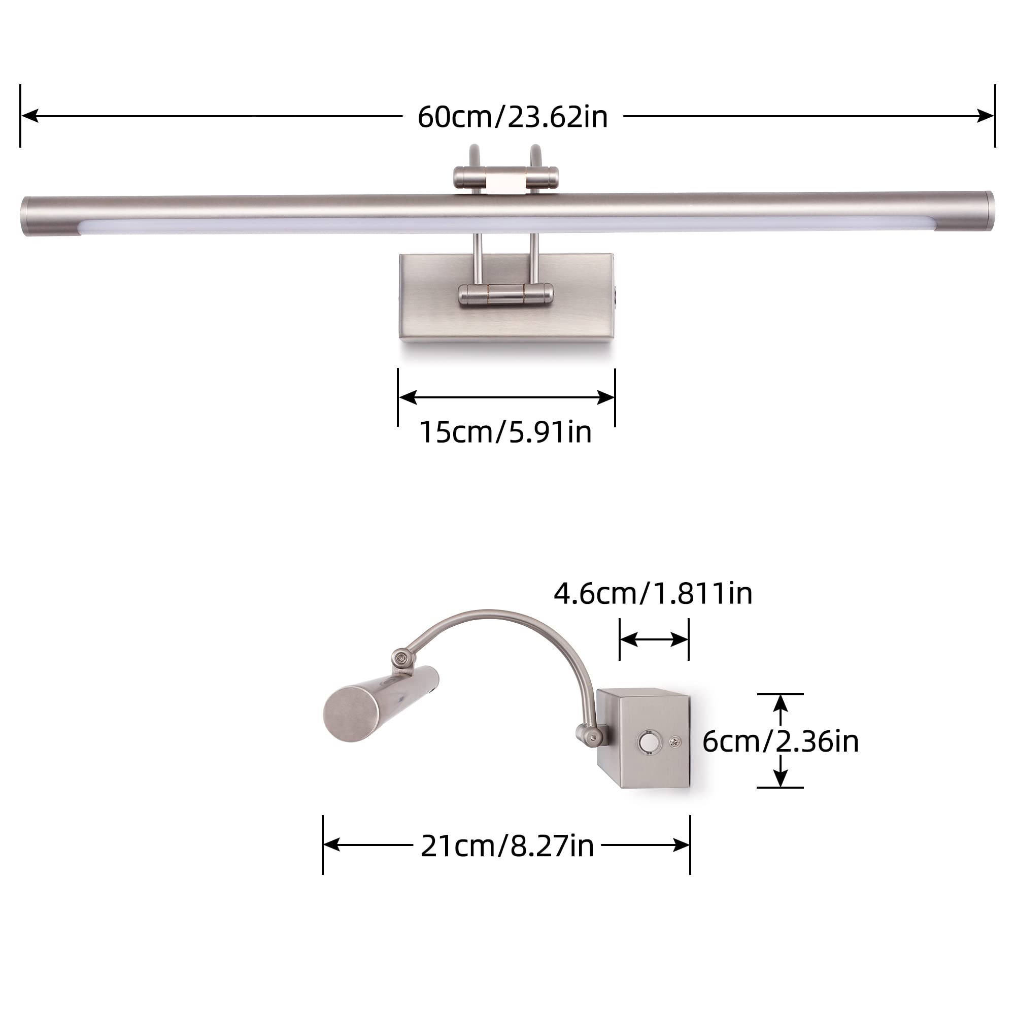 MantoLite LED Regulable Lámparas de Pared 15W,60CM Interior Iluminación para cuadros y expositores Cabeza Giratoria Lectura Lámpara,Latón Níquel Baño Espejo Apliques de Pared 3000K/4000K/6000K