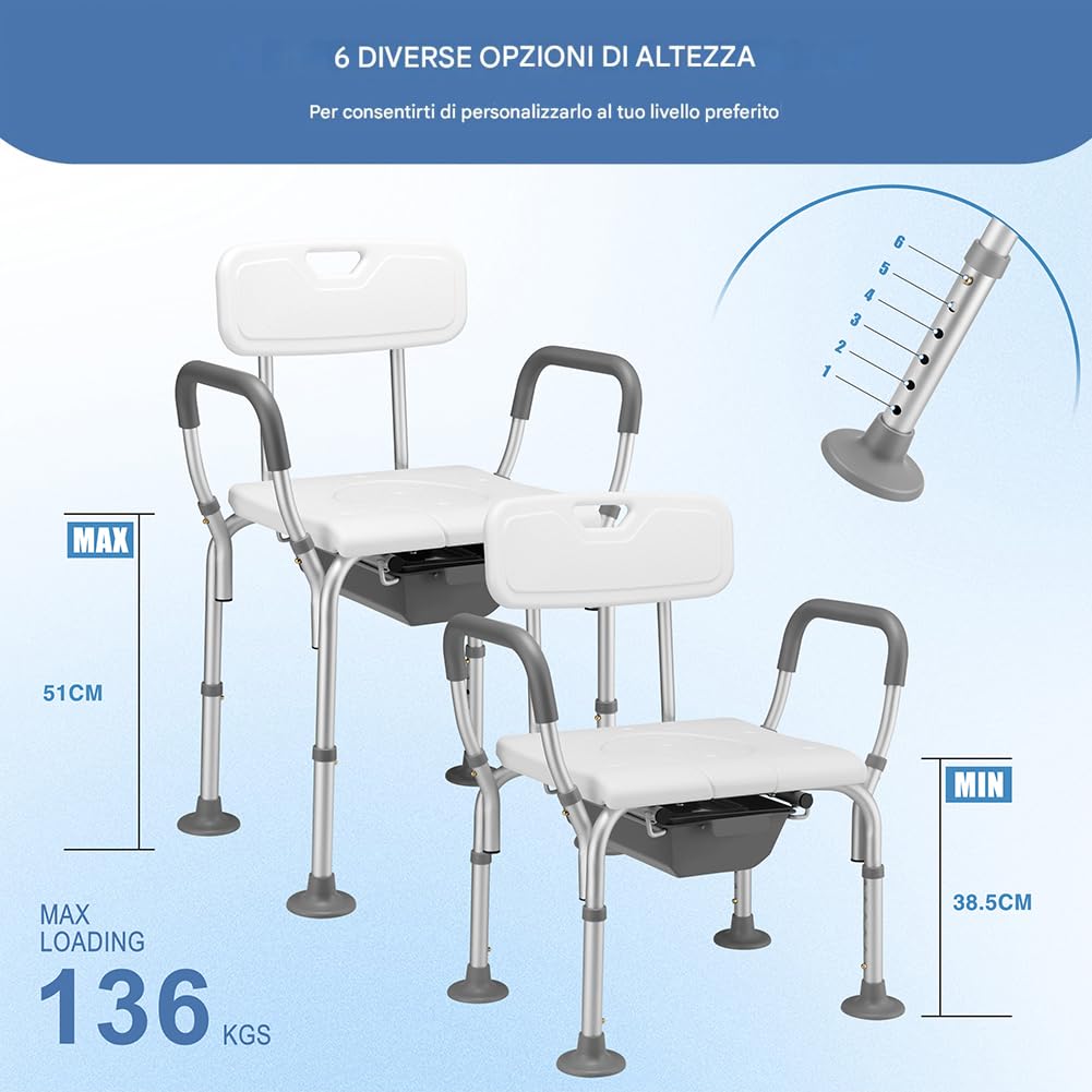 BAKAJI Sedia Sgabello WC da Bagno Doccia in Alluminio per Anziani, Disabili e Persone Mobilità Ridotta, Seduta Ergonomica e Maniglie di Ausilio, Secchio Coperchio Rimovibile Altezza Regolabile 73–85cm