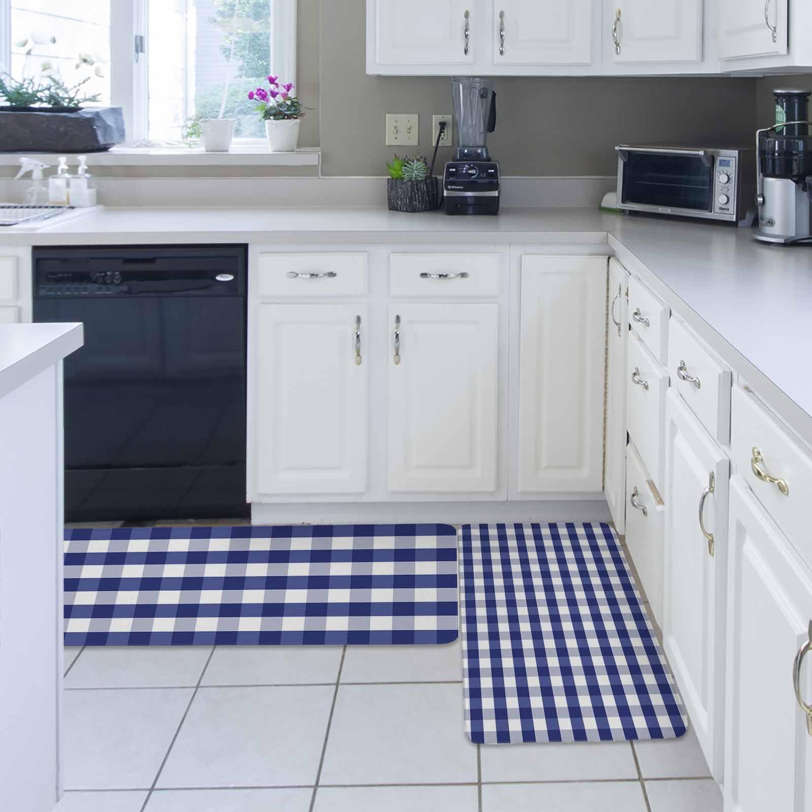 Stellar Blue Checkered Grid Checkerboard Kitchen Rug Sets [2