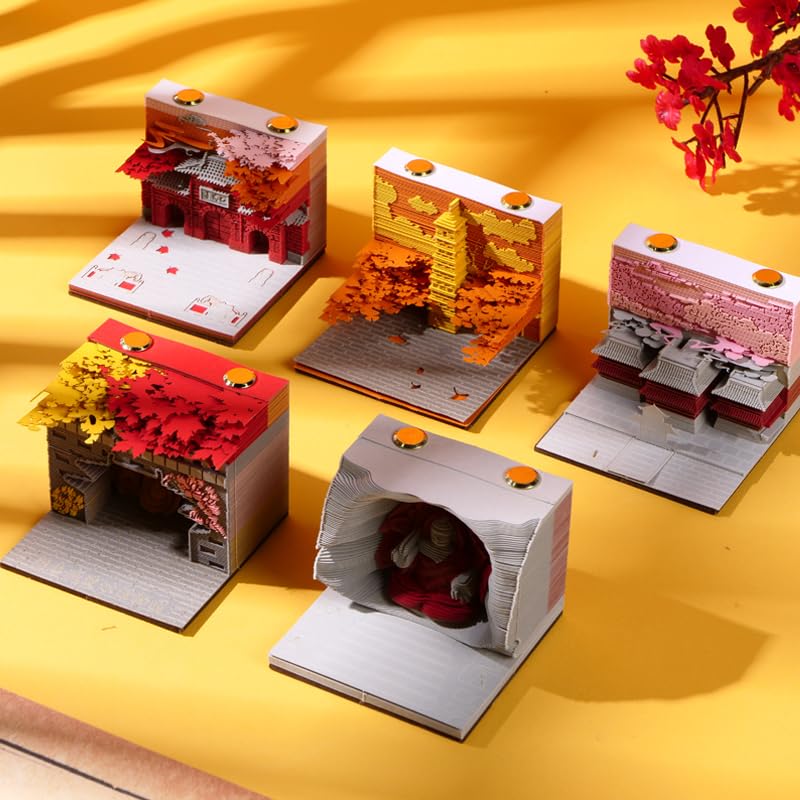 Buddhist Pagoda Tear-Off Notepad | Jiming Temple Laser-Carved Memo Cube | Zen Meditation Notebook for Desk Organization (Ming Dynasty Architecture)​ (Complete set (one each of 5 styles))