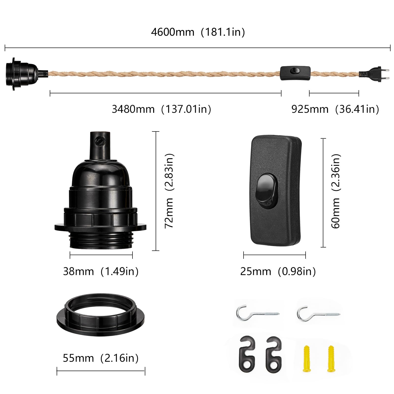 Gniazdo E27 z wyłącznikiem, zawiera gniazdo E27 i 4-metrowy przewód zasilający, nadaje się do lamp wiszących, sufitowych i instalacji DIY, biały (żółty)