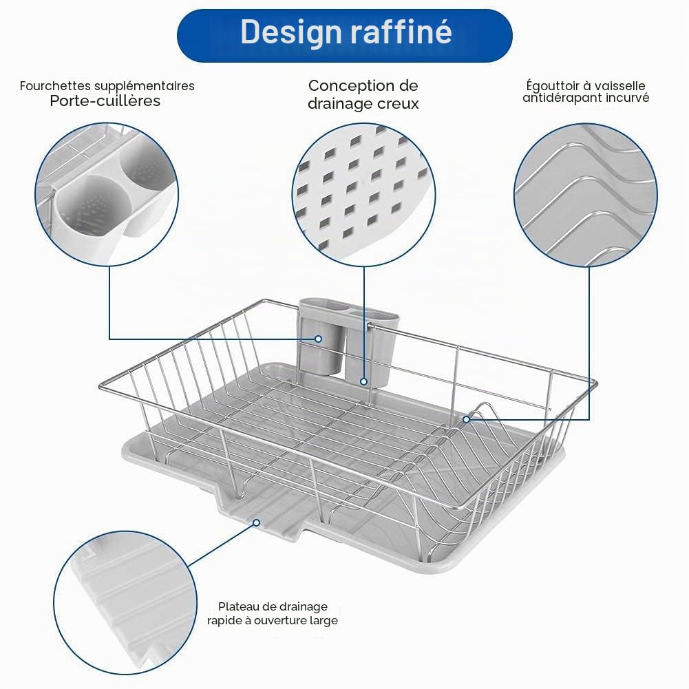 Greensen Égouttoir à Vaisselle en Acier Inoxydable, Séchoir à Vaisselle Multifonctionnel avec égouttoir, Organisateur de Cuisine, égouttoir avec Support pour Couverts, 48 x 30 x 11cm