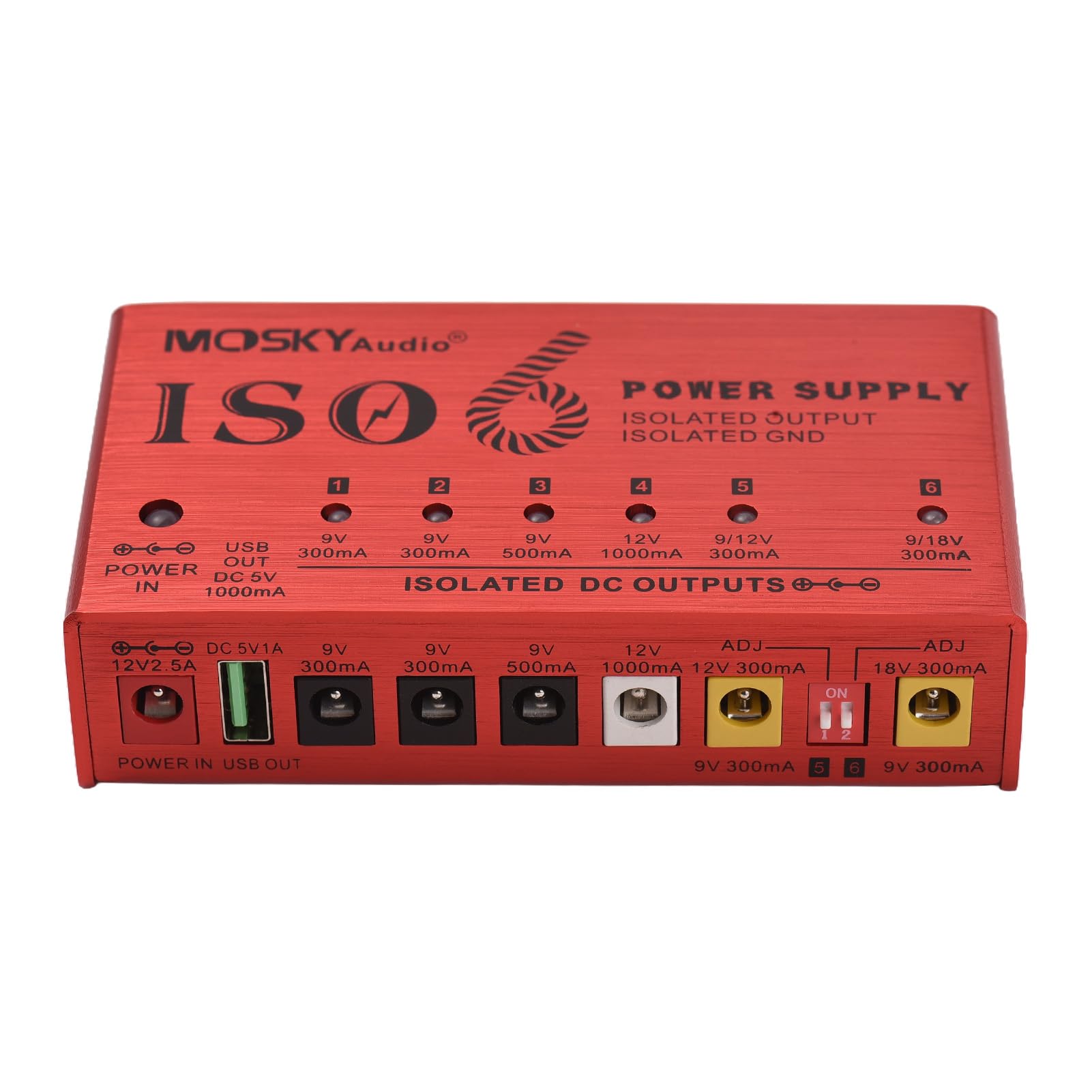 HUIOP Alimentatore per Strumenti Musicali a 7 canali con Protezione Indipendente da cortocircuito Indicatore di Alimentazione a LED 6 uscite CC e 1 Uscita USB per Pedale Effetto Chitarra Altri