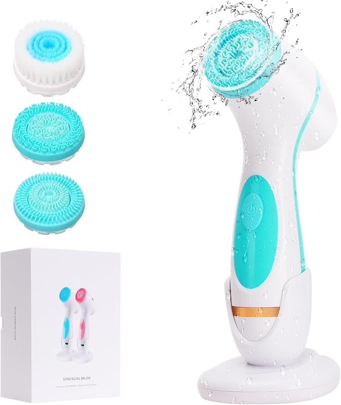Escova elétrica para limpeza facial Yevsinbay com rotação dupla, 3 cabeças, 2 velocidades e bateria recarregável, azul