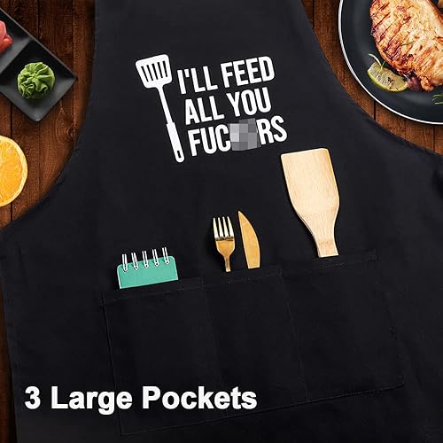 Miniatura 2 de Divertidos delantales negros para hombres y mujeres, ajustables con 3 bolsillos, regalos para cocinar, asar, barbacoa, chef