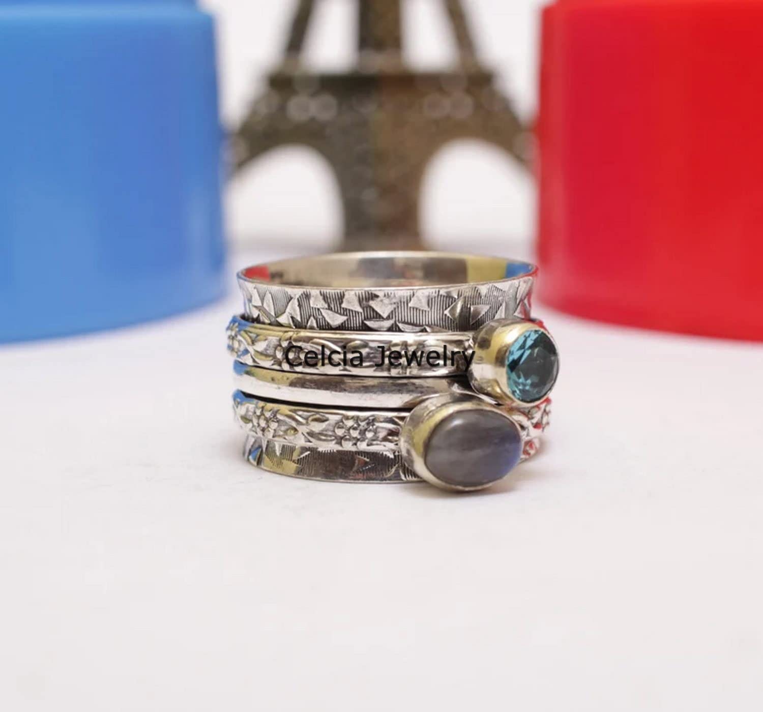 Anello di filatura di topazio blu e labradorite doppia gemma, anello di filatore di design unico, anello per il pollice, anello di ansia da meditazione, anello metafisico di regali di novembre