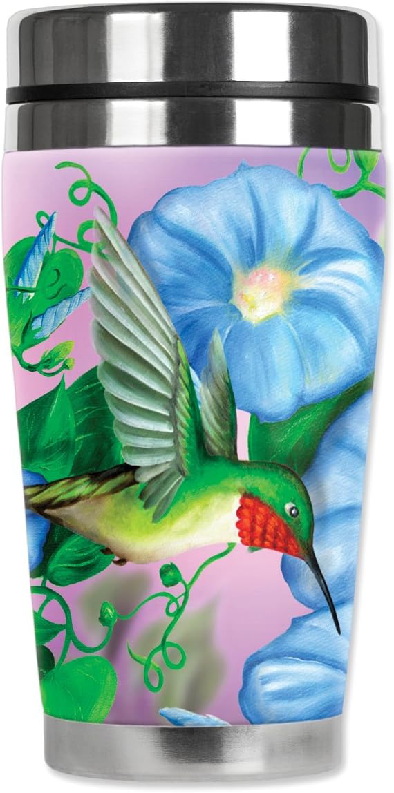 Hummingbird & Flowers Travel Mug with Insulated Wetsuit Cover, 16 oz, Black