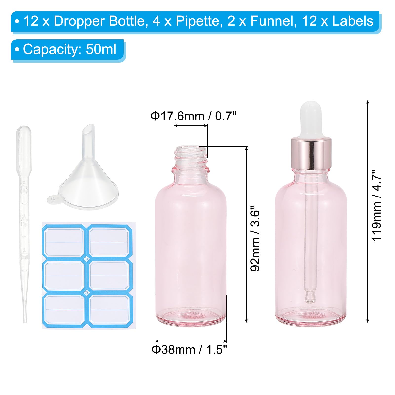 PATIKIL 50ml Glass Dropper Bottle, 12Pcs Leakproof Eye Dropper Essential Oils Sample Liquid Perfume Container with Pipette Funnel Label for Storage Home Travel, Clear Pink