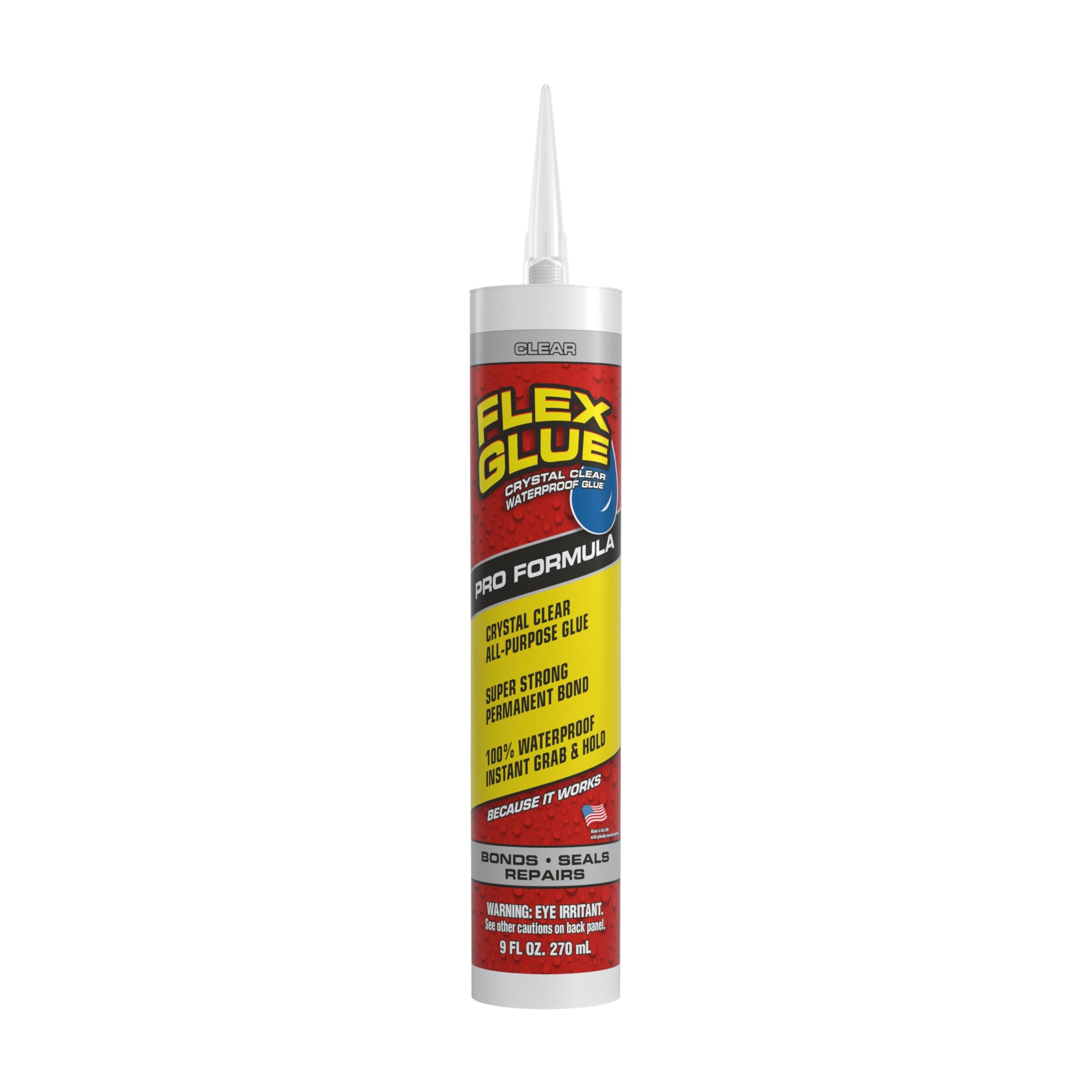 Flex Glue, Super Strong, Rubberized Waterproof Adhesive, Works Underwater, Use on Pools, Showers, Outdoors, Concrete, Brick, Pavers, UV Resistant, 9 oz Cartridge, Clear, 1-Pack
