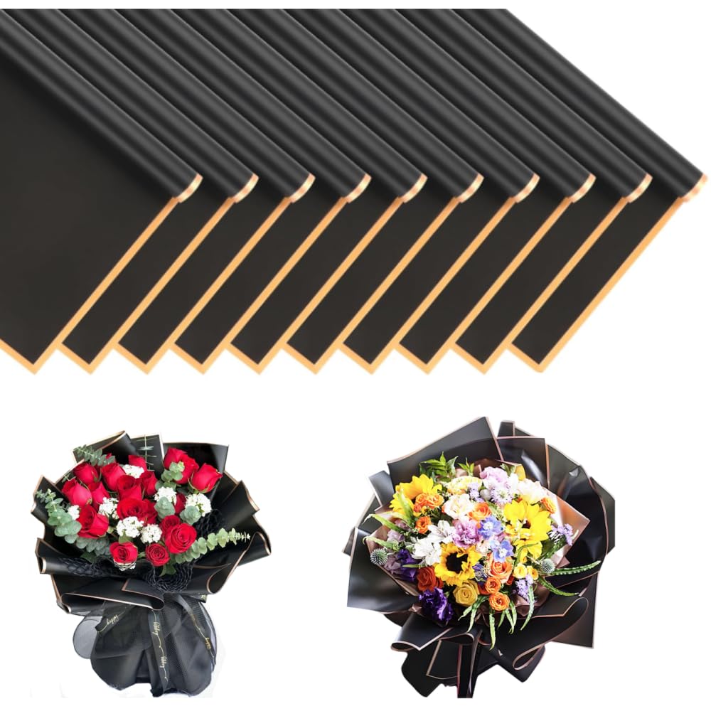 JPORSHU 20 Sheet Gold Edge Flower Wrapping Paper?Waterproof Floral Bouquet Wrapping Paper Florist Bouquet Supplies for DIY Crafts Packaging Bouquet Wedding Birthday Party?22.5x22.5 inch (black)