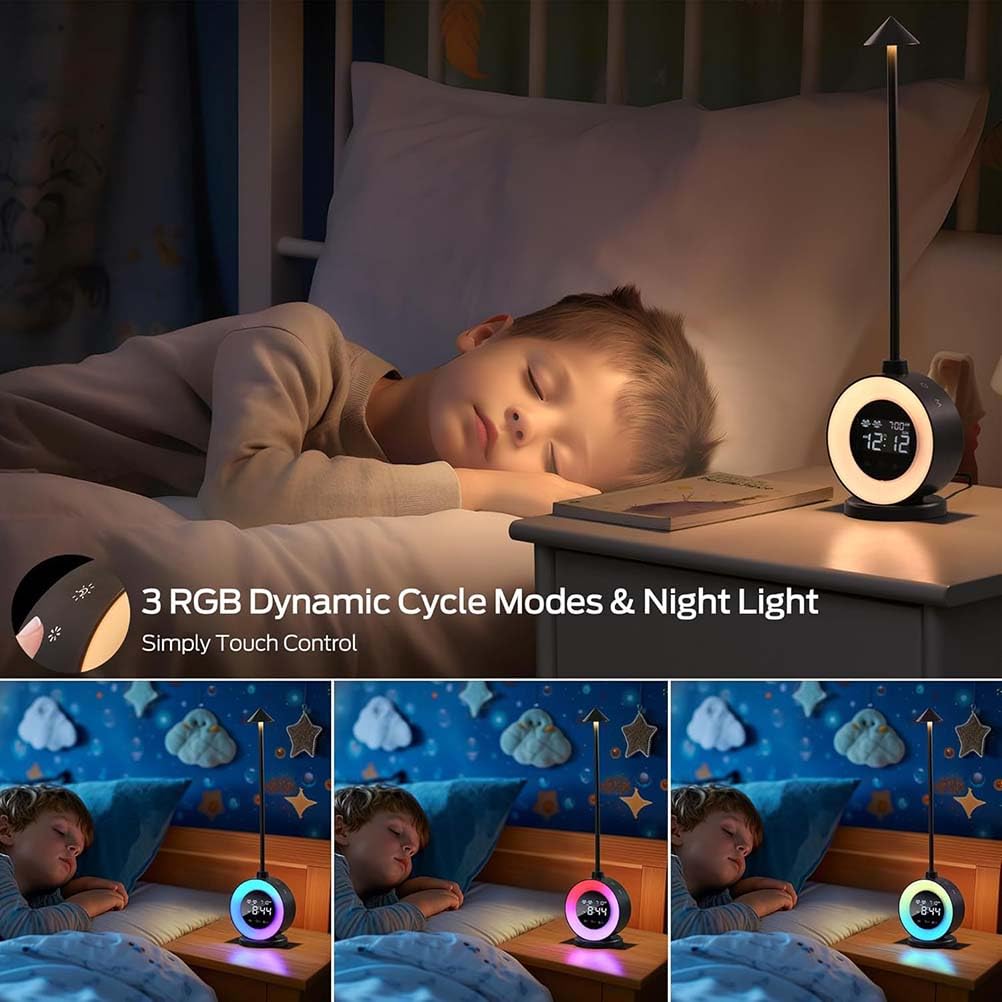 AoLa LED Nachttischlampe mit Touch Dimmbar Tischlampe lnnen mit Uhr/Schlummerfunktion/Wecker Nachtlicht Verstellbar 3 RGB Modi Deko Lampe, 7 White Noise Kinder Nachtlampe Baby Stilllicht