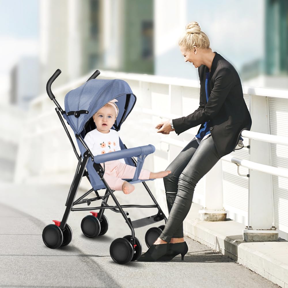 Poussette 4 roues, Poussette canne compacte Ingenious,Poussette Canne Bébé 0-4 Ans Pousette Compact et Légère Voyage,45 * 67 * 100cm, version assise, capote en trois parties, avec moustiquaire, bleu