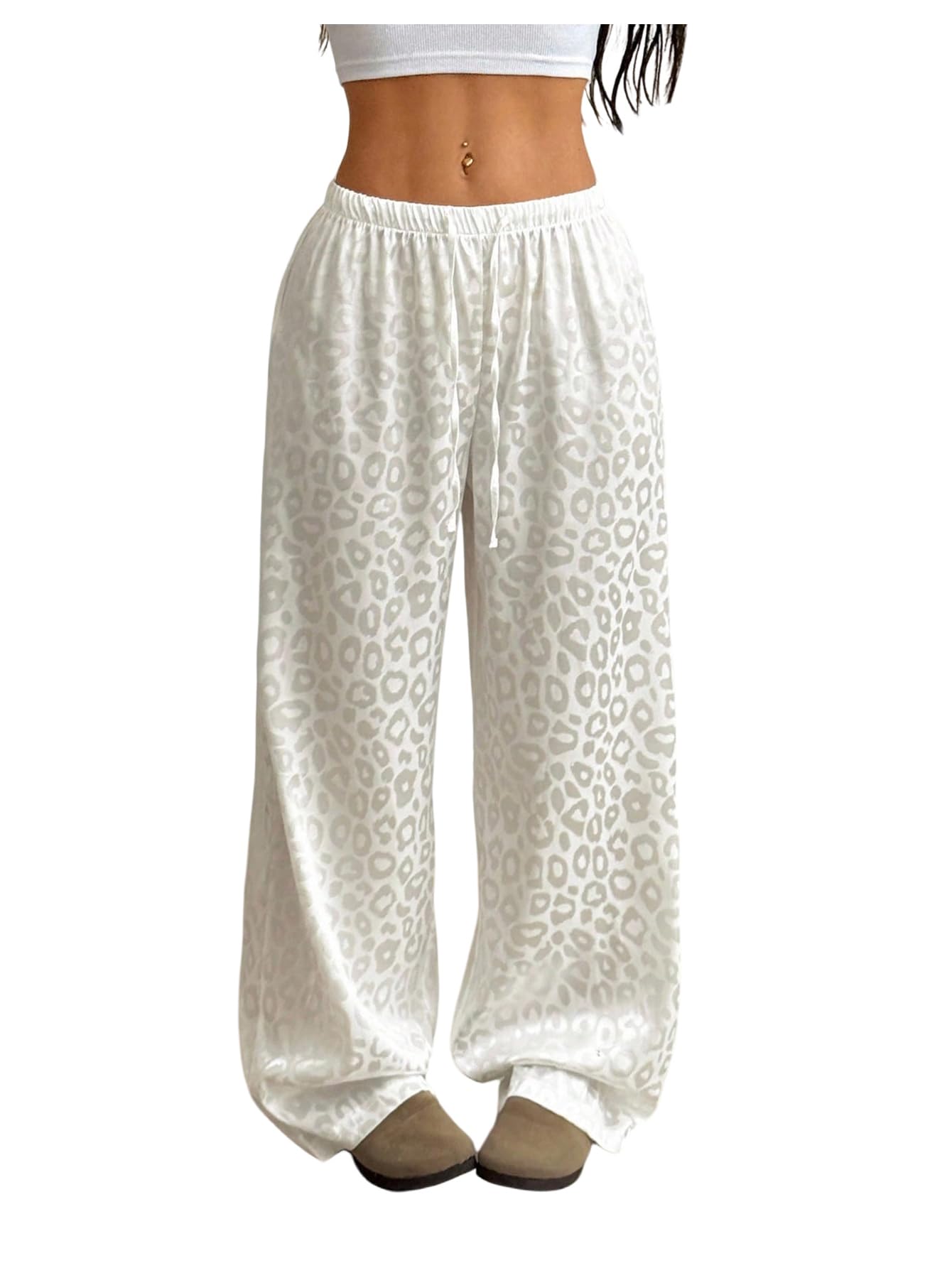 Floerns Womens Cheetah Print Wide Leg Pants Low Waist Drawstring Casual Baggy Trousers