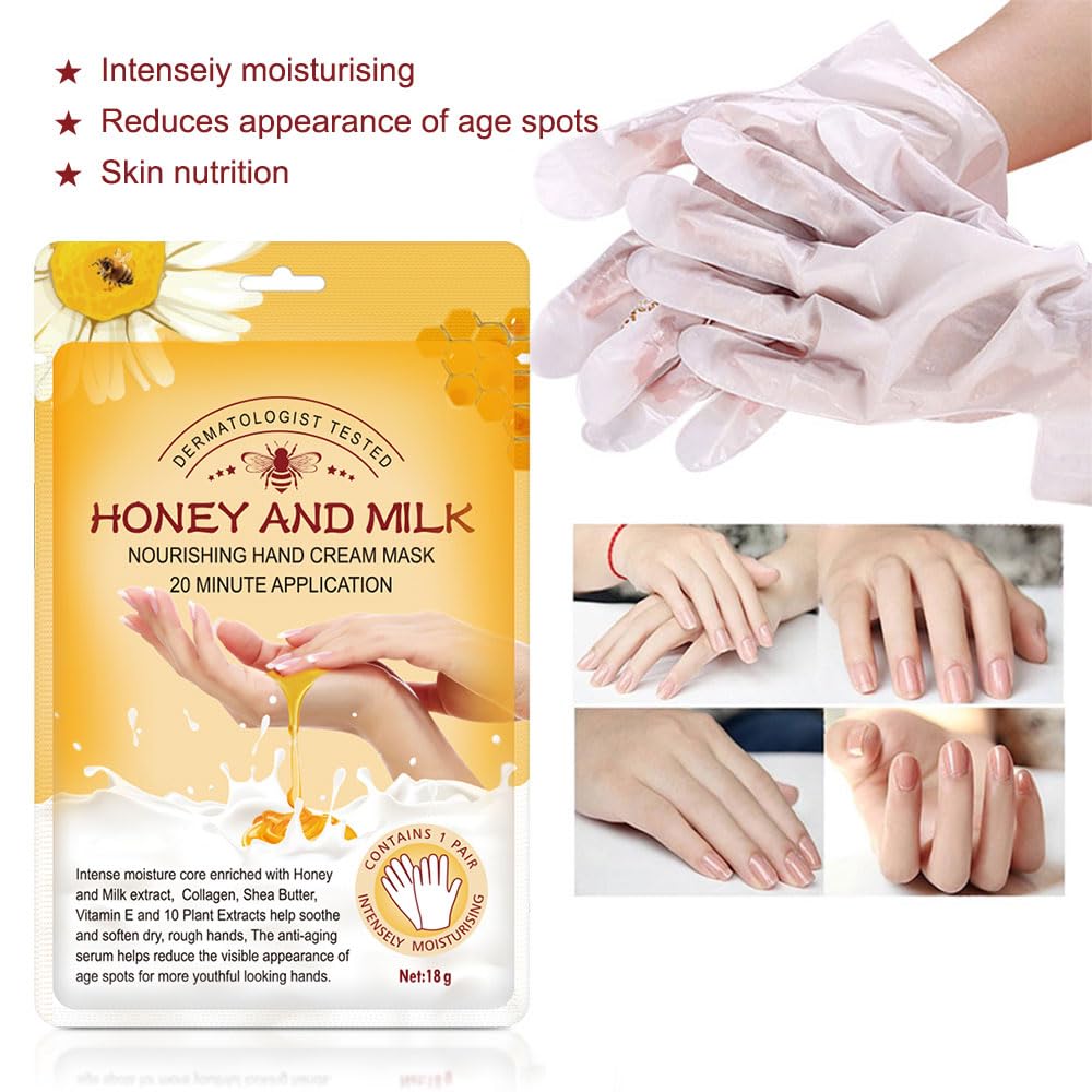 Maschera Per Le Mani Guanti, 5 Paia Maschera Idratanti Per Mani Esfoliante al Miele con Estratti Vegetali Naturali, Collagene, Sbiancanti e Antietà, Riparazione Della Pelle Ruvida (Miele e latte)