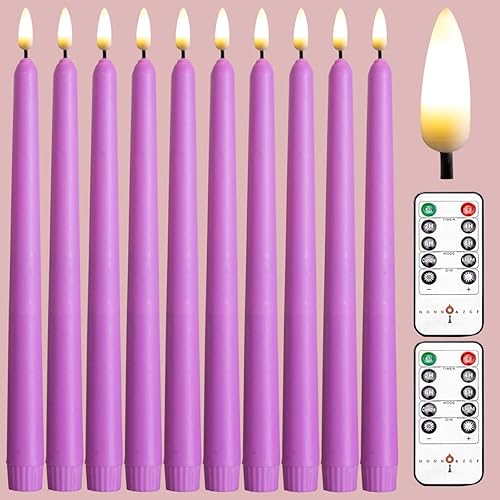 NONNO & ZGF Paquete de 10 velas cónicas sin llama moradas de 11 pulgadas cubiertas de cera con 2 controles remotos, utiliza 2 pilas AA (no