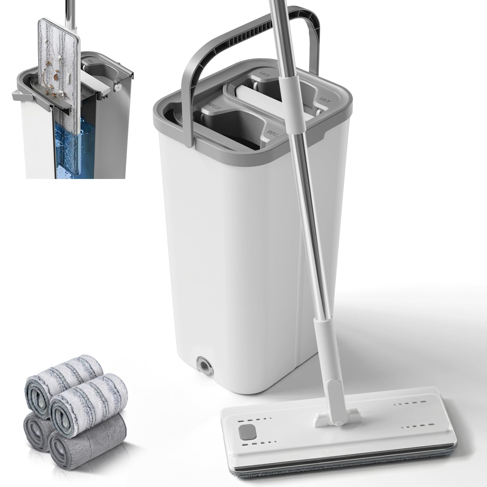 Masthome Mocio Lavapavimenti in Microfibra e Secchio Strizzatore, Mocio Piatto Professionale con Secchio Doppio Scomparto, Secchio Lavapavimenti con 4 Panni Riutilizzabile, Bianco + Grigio - 2