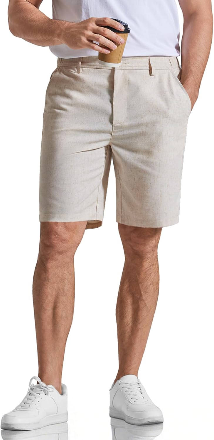 COOFANDY Mens Casual Shorts 9" Flat Front Elastic Waist Linen Dress Shorts Lightweight Summer Outfits with Pockets - Image 4