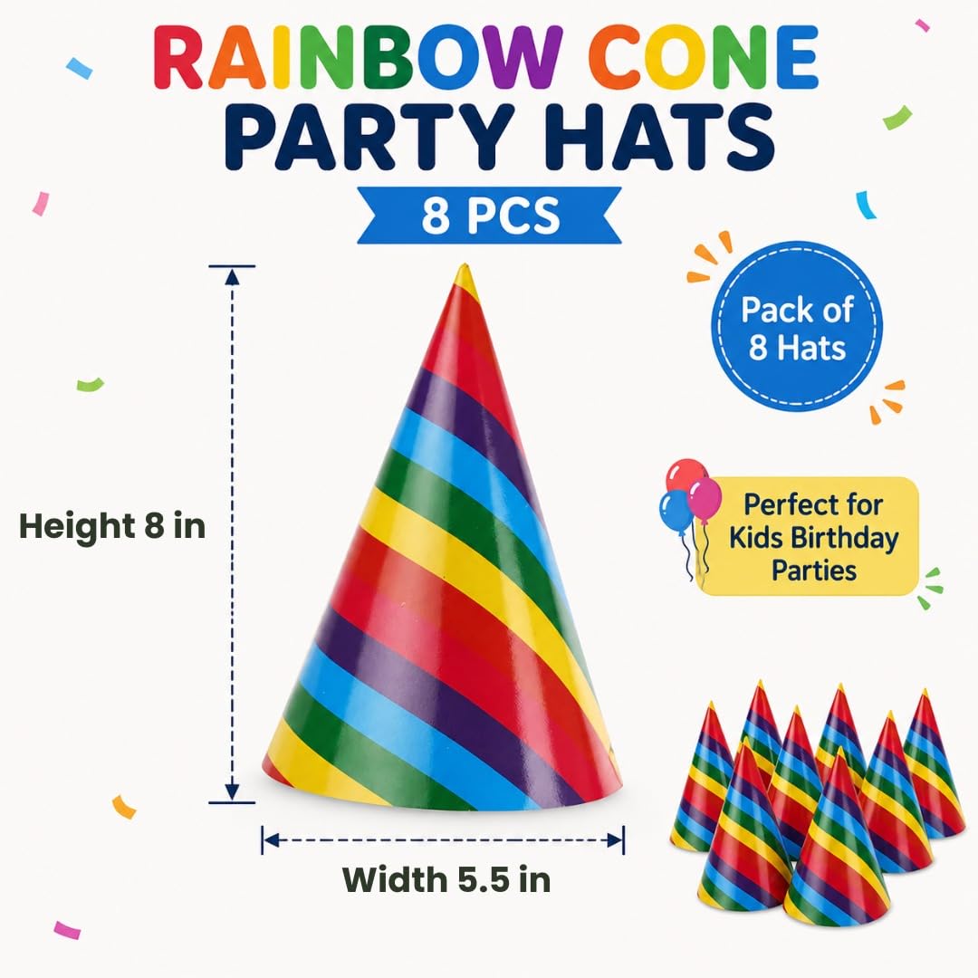Wanna Party Rainbow Birthday Caps β Pack of 8 Colorful Paper Hats for Kids Party, Fun Decorative Caps with Bright Rainbow Design for Boys and Girls Celebrations 1
