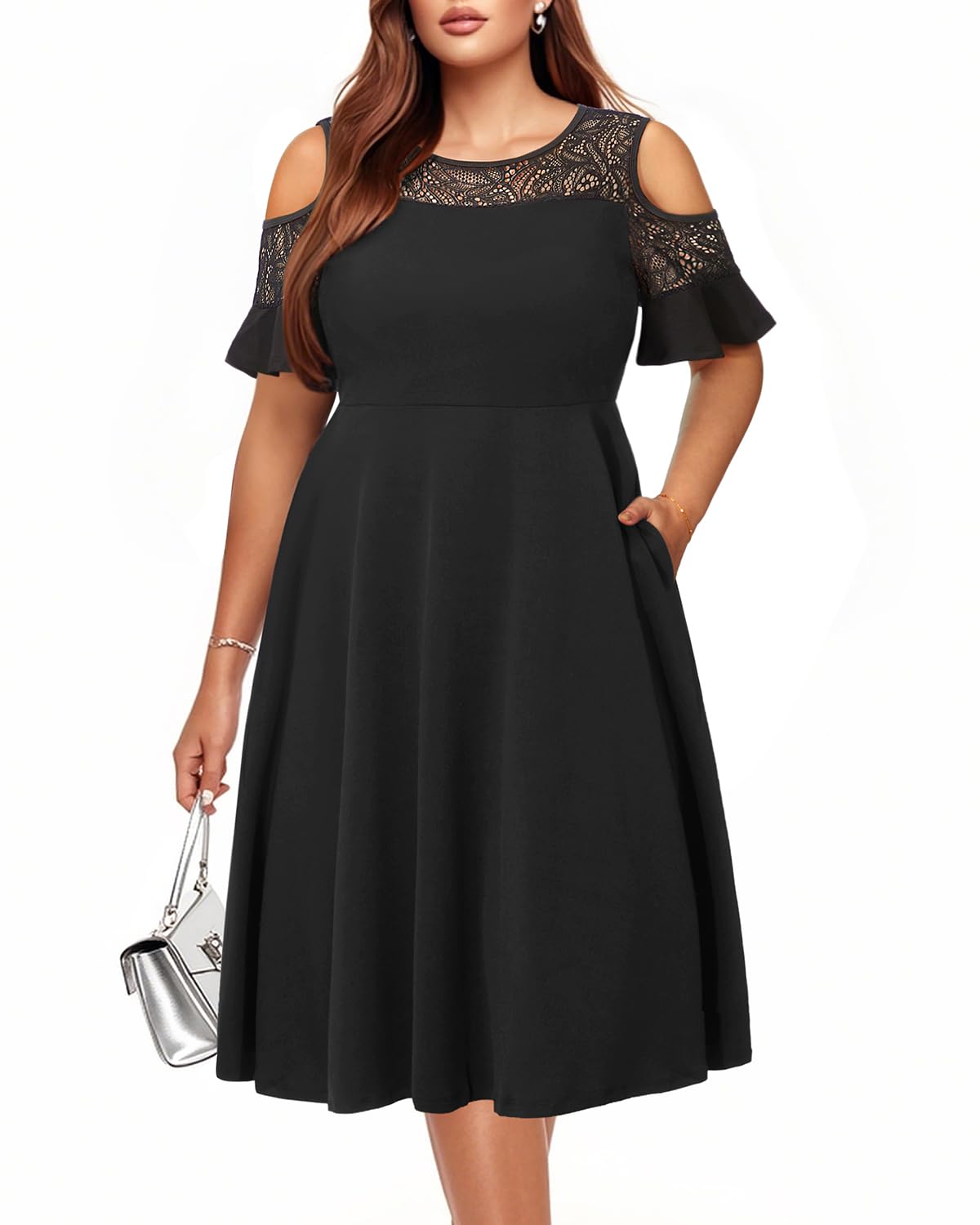 Plus Size Cocktail Dress - Graduation Cold Shoulder Lace Midi Dresses with Pockets
