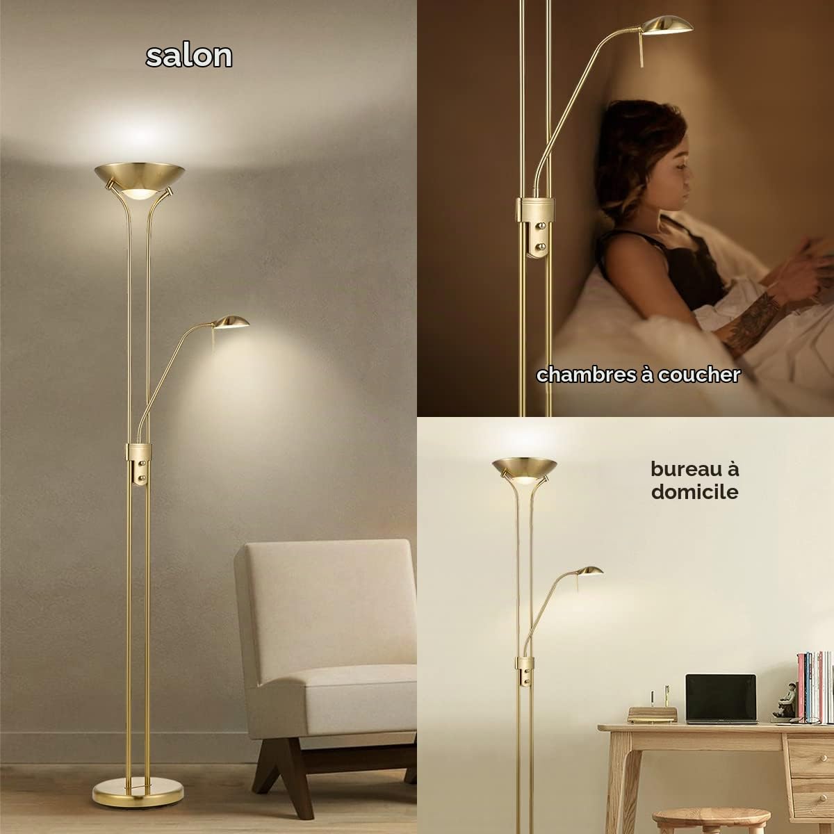 Home Sweet Home Classique Lampadaire | 50/50/180cm | Bronze doré | Lampadaire | dimmable avec lampe de lecture flexible| Source lumineuse R7s+G9 | adapté pour le salon