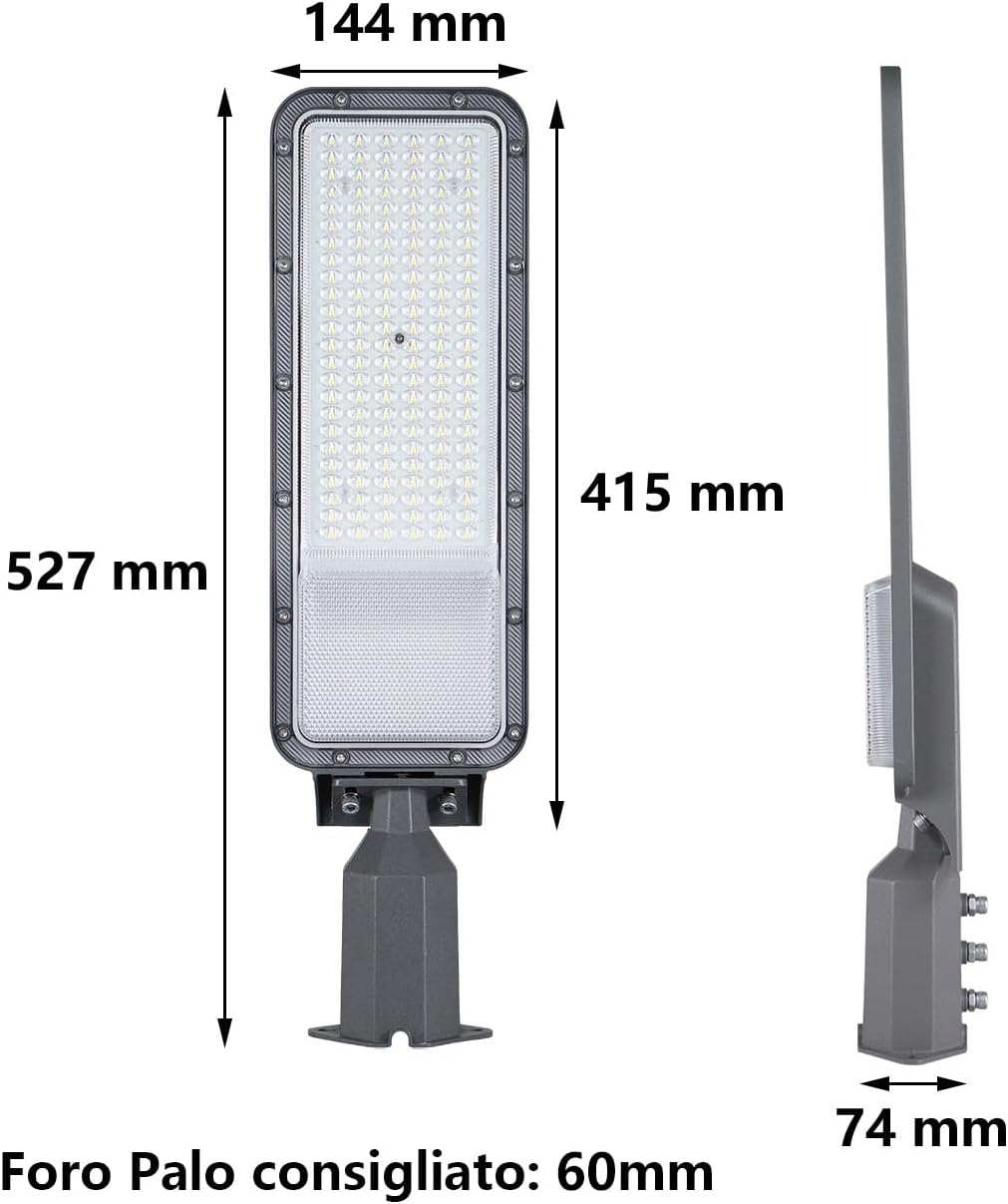 LED Street Light 100 W / 200 W IP65 for Pole Ø60 mm | Adjustable Arm Asymmetric Headlight SMD 12000/24000 lm 6500 K or 4200 K | Outdoor Lighting for Roads and Parking Areas (6500K, 100W)