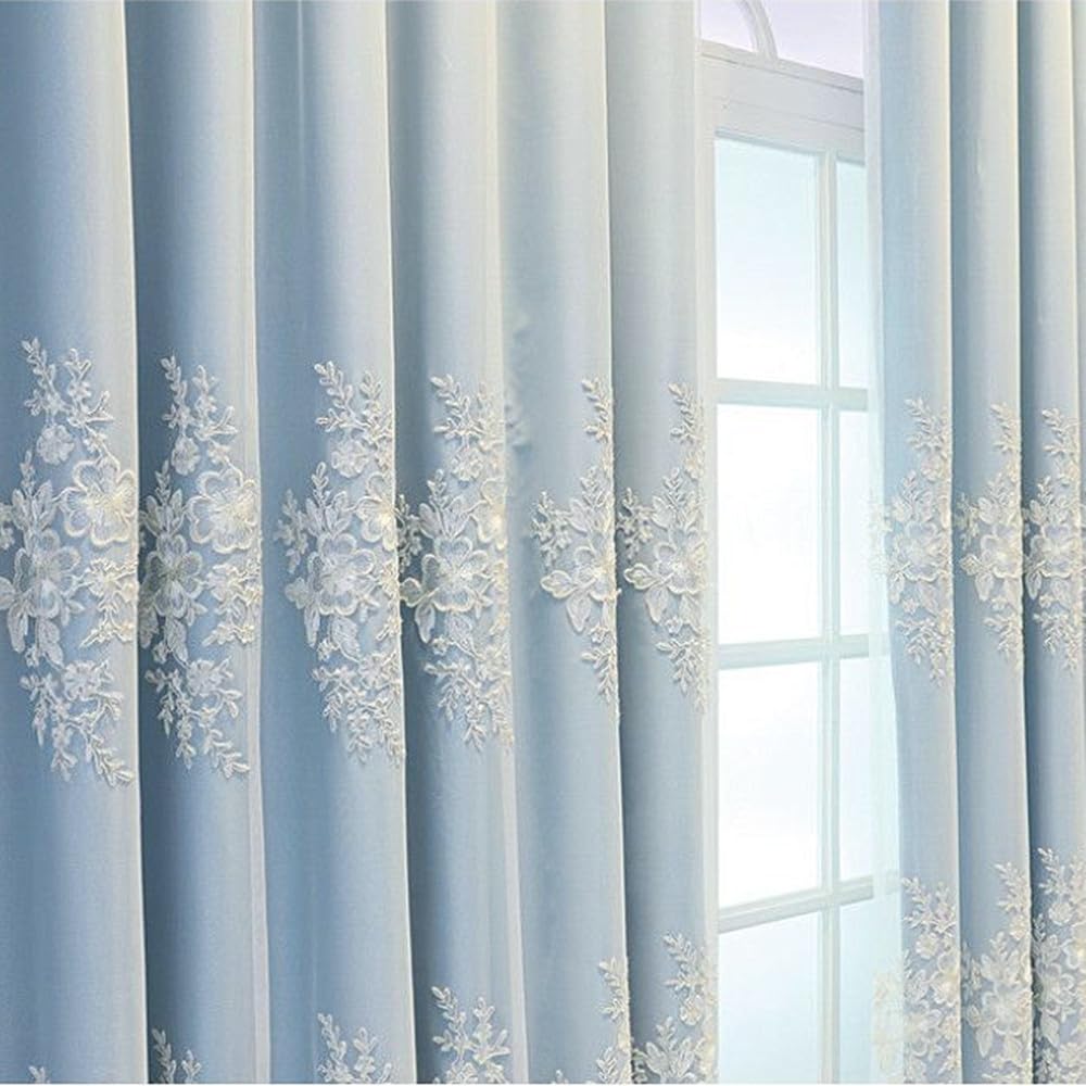 Amidoudou 1 Paar Europäische Doppelschicht Vorhänge Luxus Blume Bestickte Vorhänge Für Wohnzimmer Schlafzimmer (Blau,140 x 245 cm)(BxH)