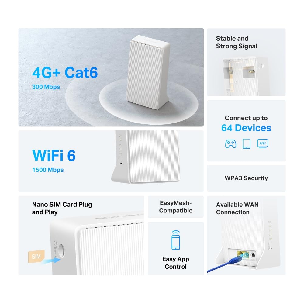 Mercusys MB260‑4G – 4G+ Cat 6 Router z Wi-Fi 6 AX1500, Dual‑Band, porty gigabitowe, Plug & Play, aplikacja SIM MERCUSYS