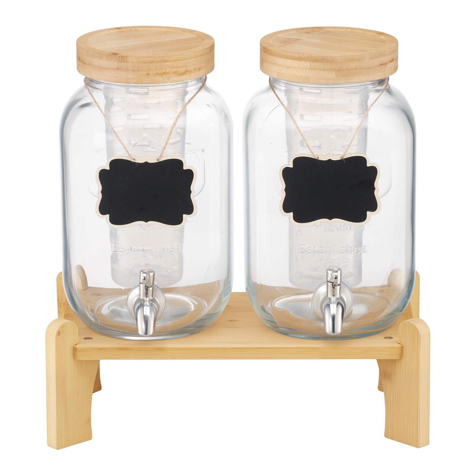 VEVOR Getränkespender (2 x 3,8 L) für Partys Saftspender (aus Glas) mit tropfsicherem Zapfhahn & Holzständer Wasserspender für Restaurants Partys, Limonade Eistee selbstgemachte Getränke Spender