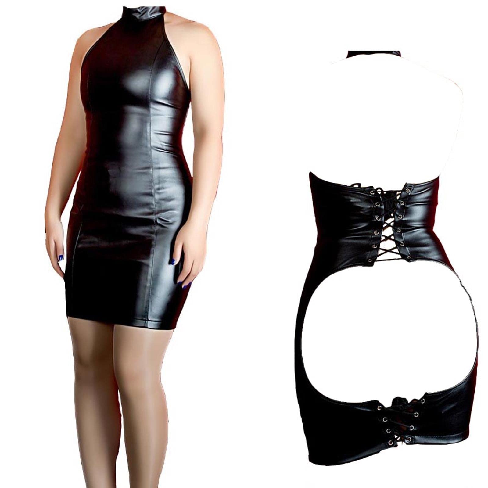 Sexy faux leather open ass lost mini dress turtles neck back lace rising  bandage dress female score-playing fetish clothes : Amazon.nl: Arts & Crafts