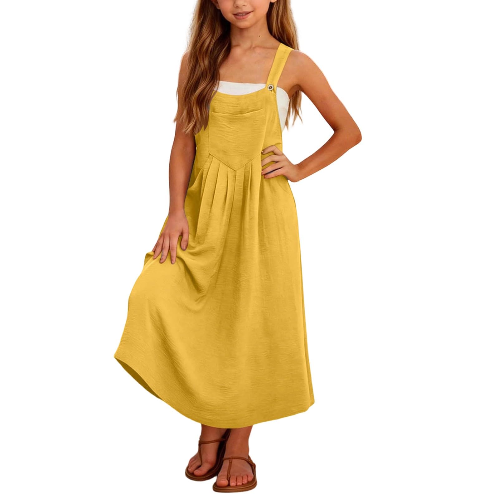 Vestidos de verano para niñas, sin mangas, maxivestido casual para niños, playa, vacaciones, vestido escolar suave y cómodo con bolsillos