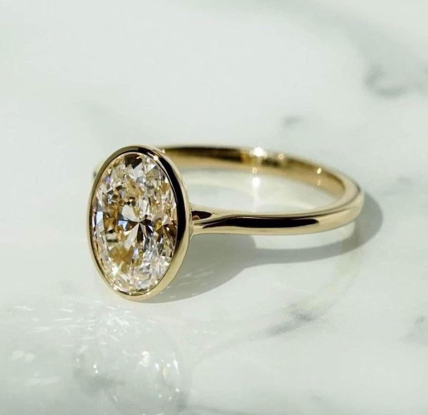 14k Gold Oval Cut Solitaire Bezel Engagement Ring for Women, Art Deco CZ Diamond Simulant Wedding Ring, Oval Bezel Bridal Jewelry Gift