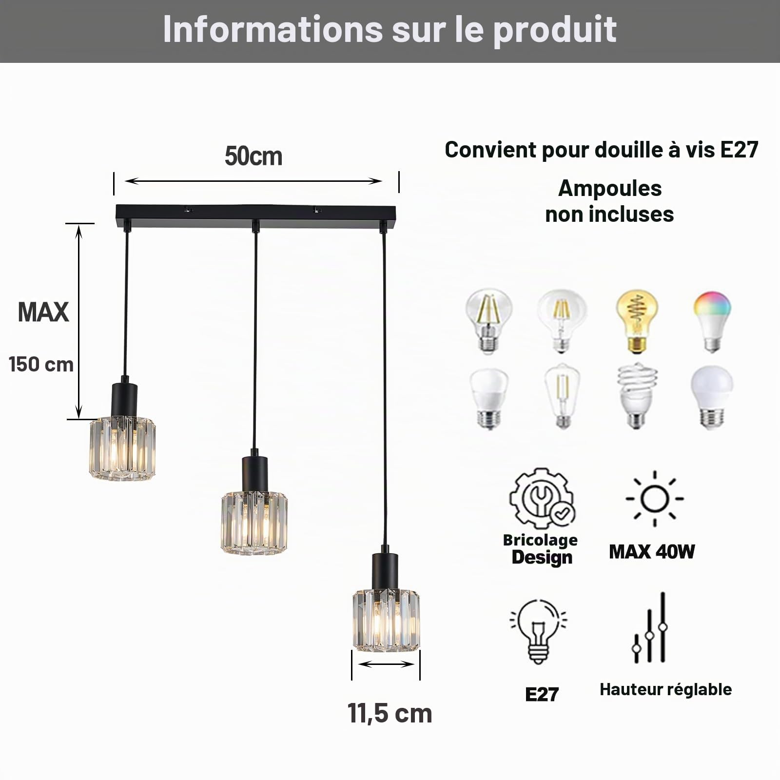 Suspension noire Lampe suspendue pour table à manger Lampe suspendue à 3 ampoules E27 Lampe de cuisine rétro Lampe de salle à manger Lampe de salon Lampe suspendue industrielle (Transparent)