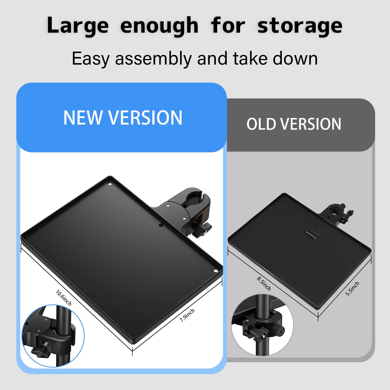 BILIONE Microphone Stand Tray with Crab Clamp, 10.6" x 7.8" Large Tray Shelf Attachment Clamp on Studio Music Floor Stands for Storage