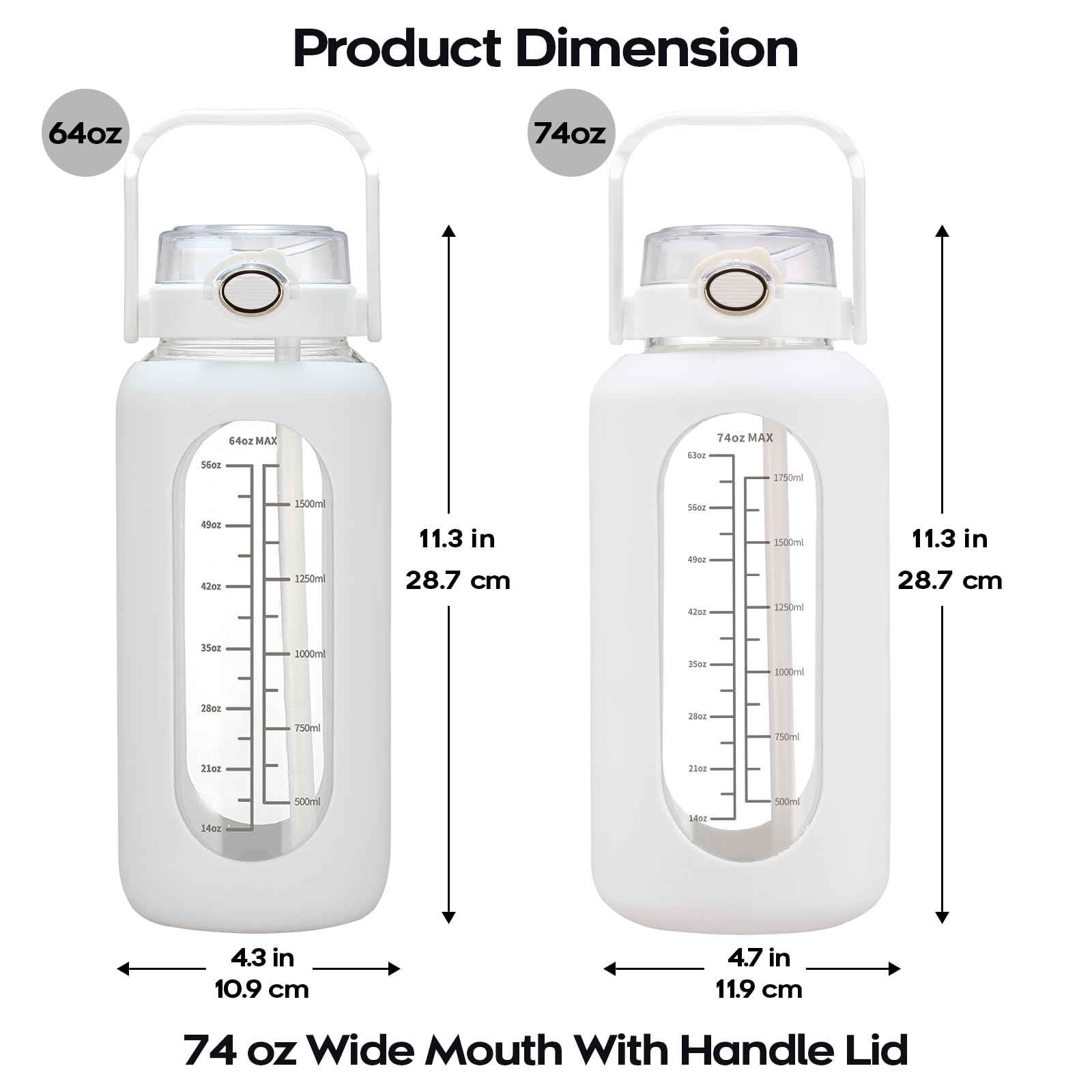 chunmo Grande bouteille d'eau de motivation en verre avec marqueur de temps avec manchon en silicone et couvercle à poignée - 2,2 l - Pour le sport