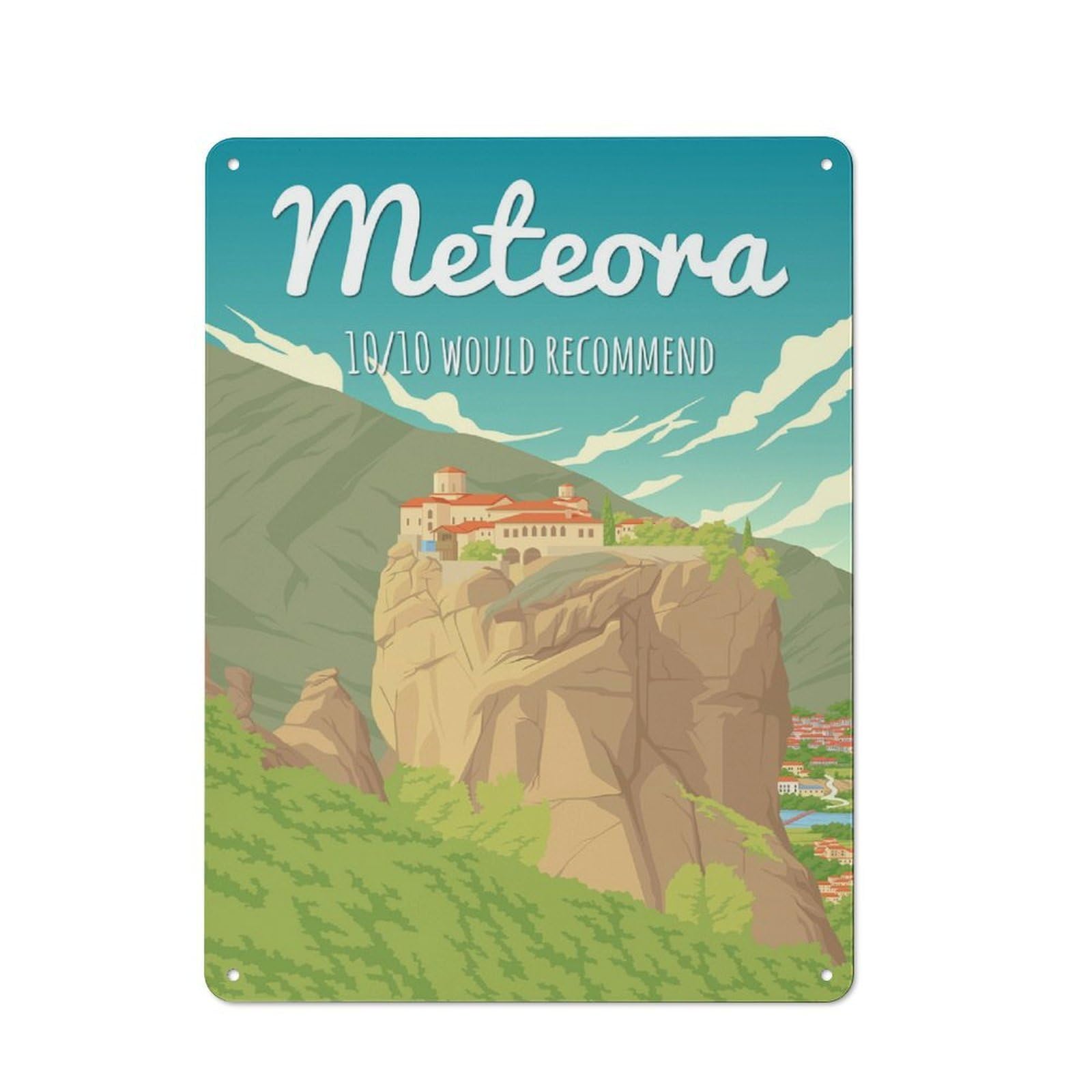Junmoney Style-2 Metal Wall Plaque With Meteora Greece Travel Design 40X30cm, Retro Room Wall Plaque For Home, Shop, Pub Or Studio Wall