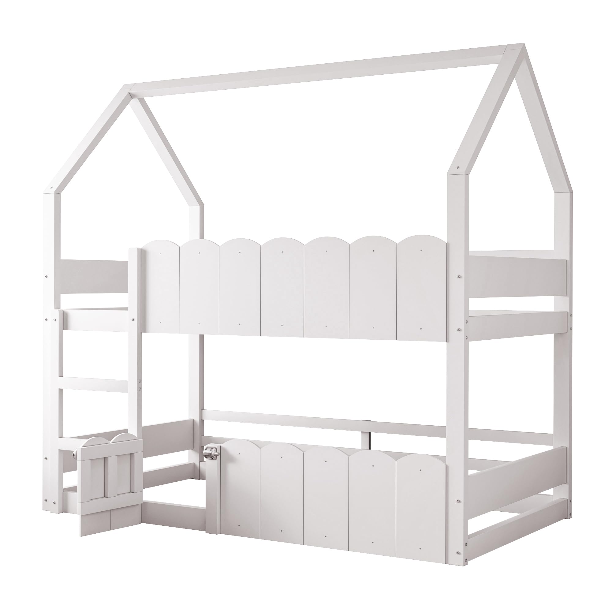 Etagenbett 90x200 cm, Kinderbett mit Fenster | Ohne Matratze, Stockbett mit Sicherheitsgeländern, Holzbett mit Hausförm, Bett für Kinder Mädchen Weiß