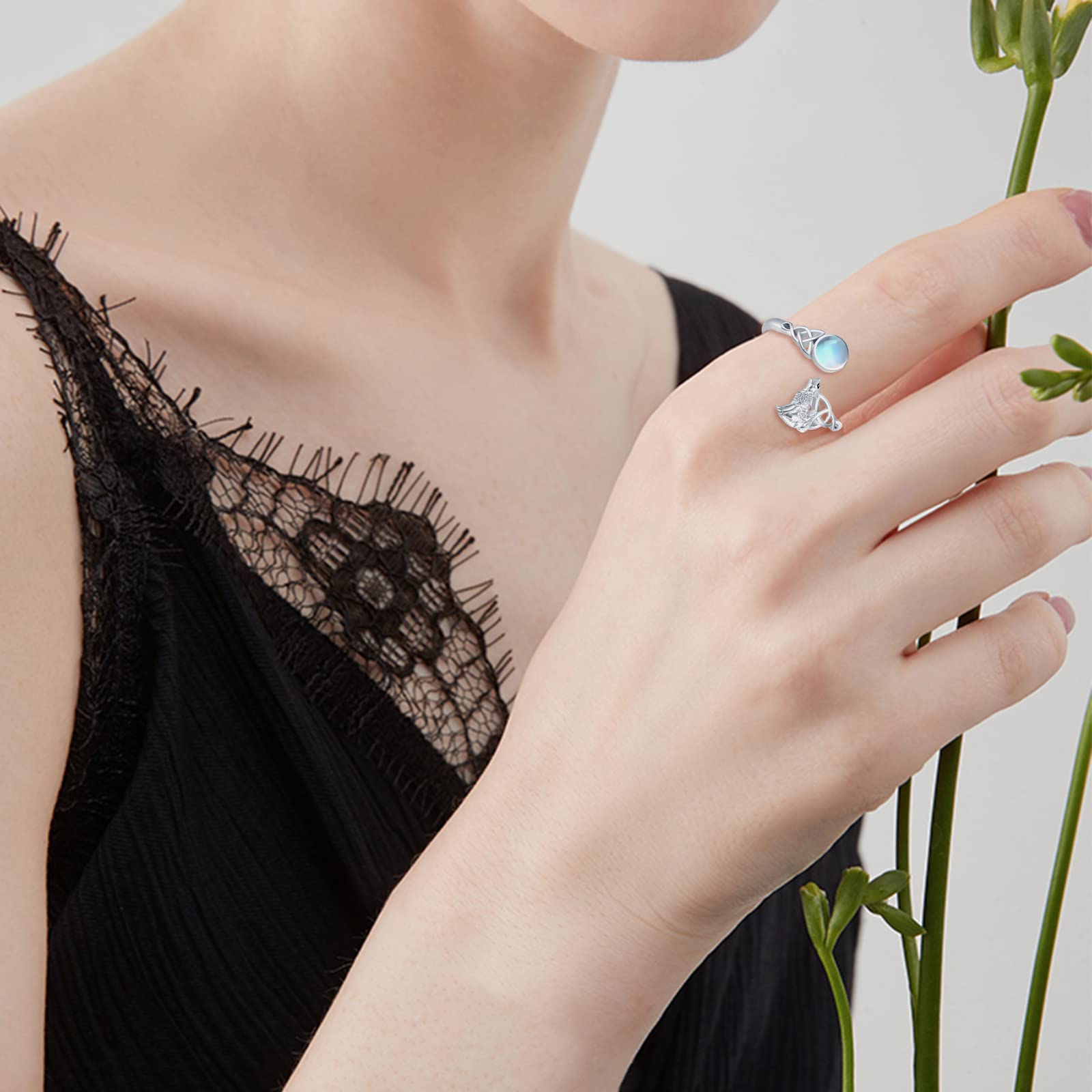 Wolfs Ring 925 Sterling Silber Celtic Knot Mondstein Ringe Verstellbar Ring Tier Ringe Geschenk Valentinstag Schmuck für Damen