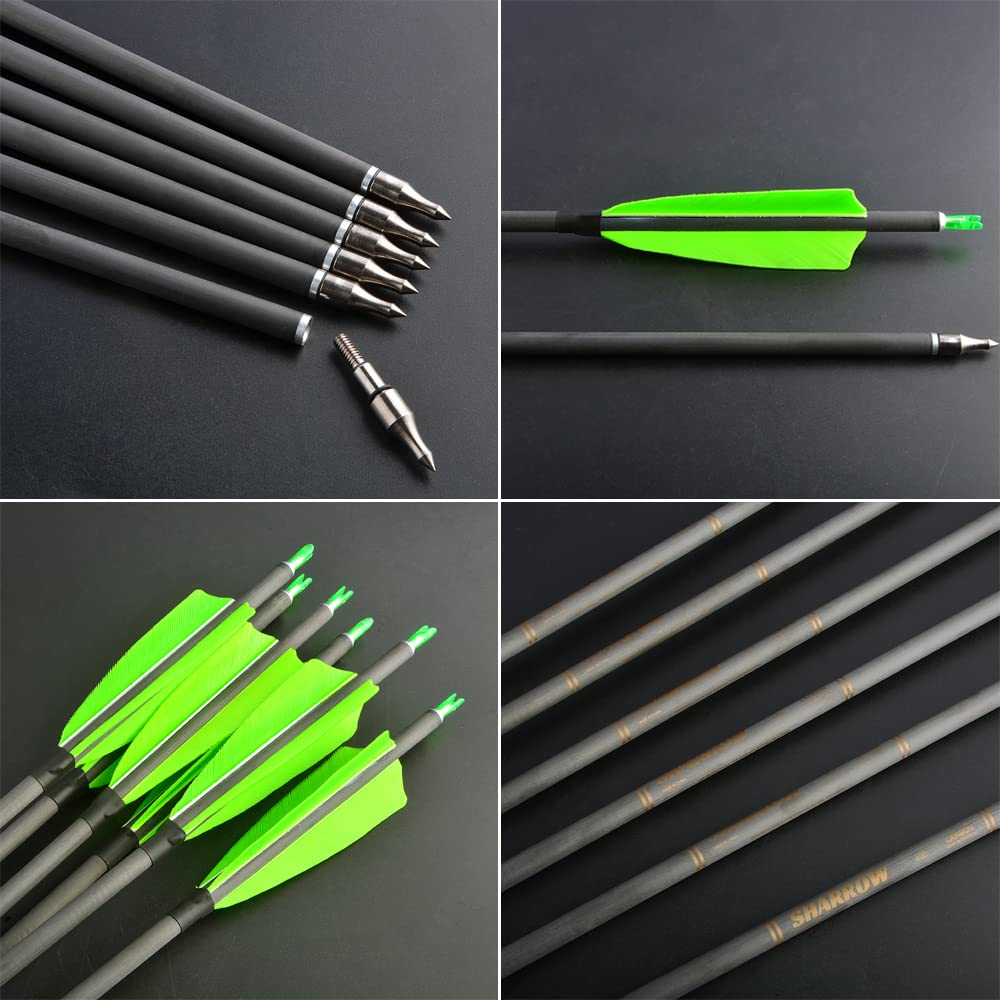 Frecce in Carbonio da 6/12 Pezzi Frecce con Arco da 35 Pollici con frecce in Carbonio Puro da 4" in Piuma Naturale Dorso 400 per Caccia e tiro con L'Arco per Adulti