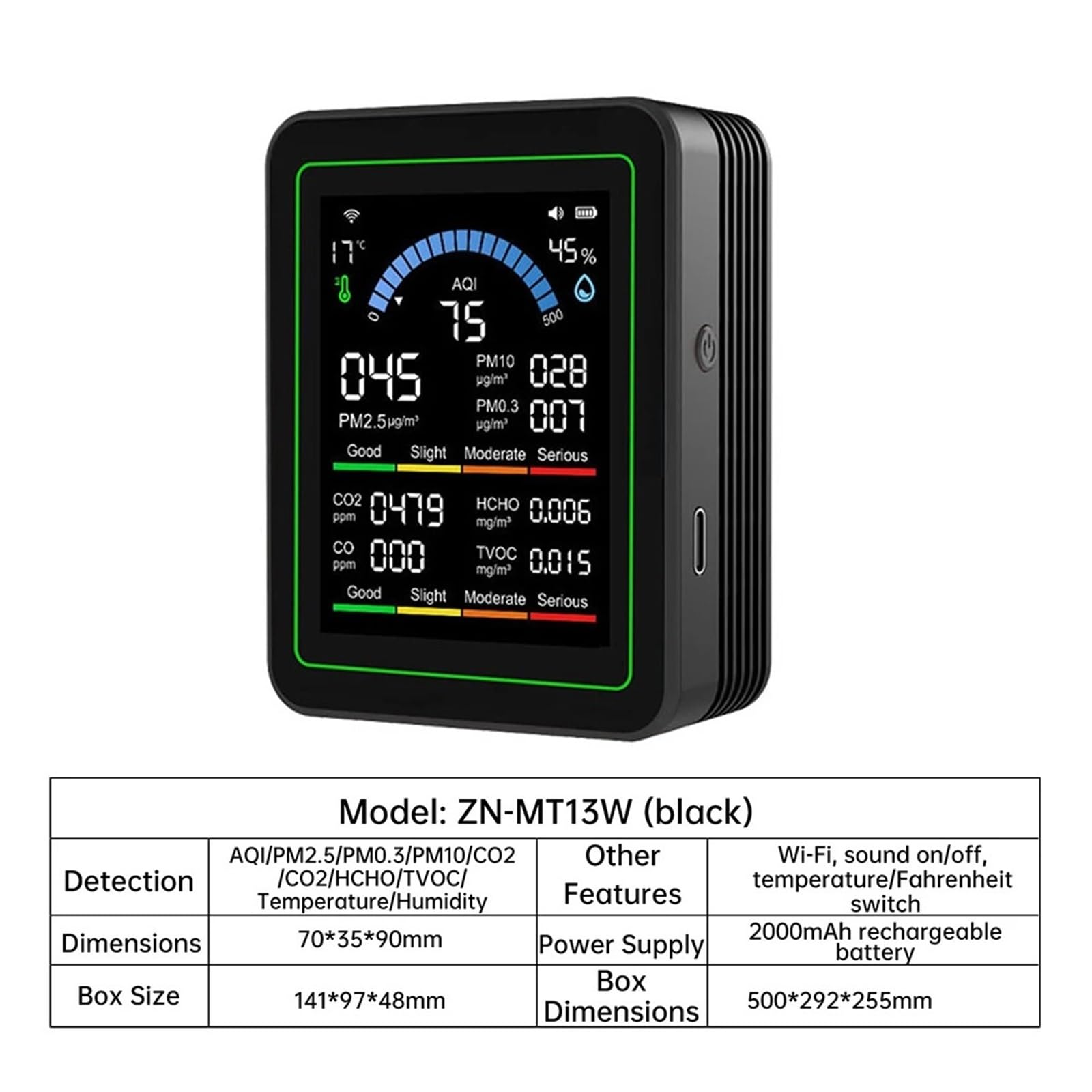 Monitor de calidad del aire, Monitor De Dióxido Carbono 10 En 1 WiFi PM0.3,0 2,5 Detector Formaldehído Temperatura Humedad CO2 Calidad Del Aire(Black)
