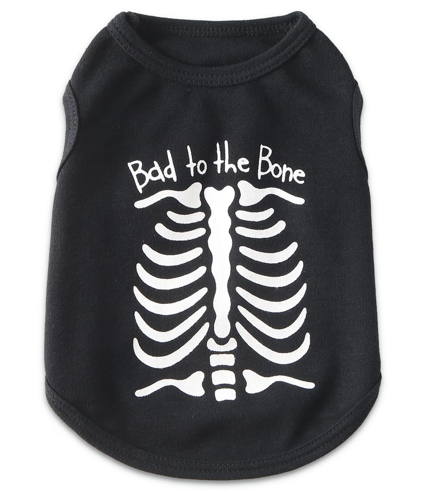 DroolingDog Halloween Skeleton Dog T-Shirt, Bad to The Bone Design, for Small Size Pets, Black and White, XS