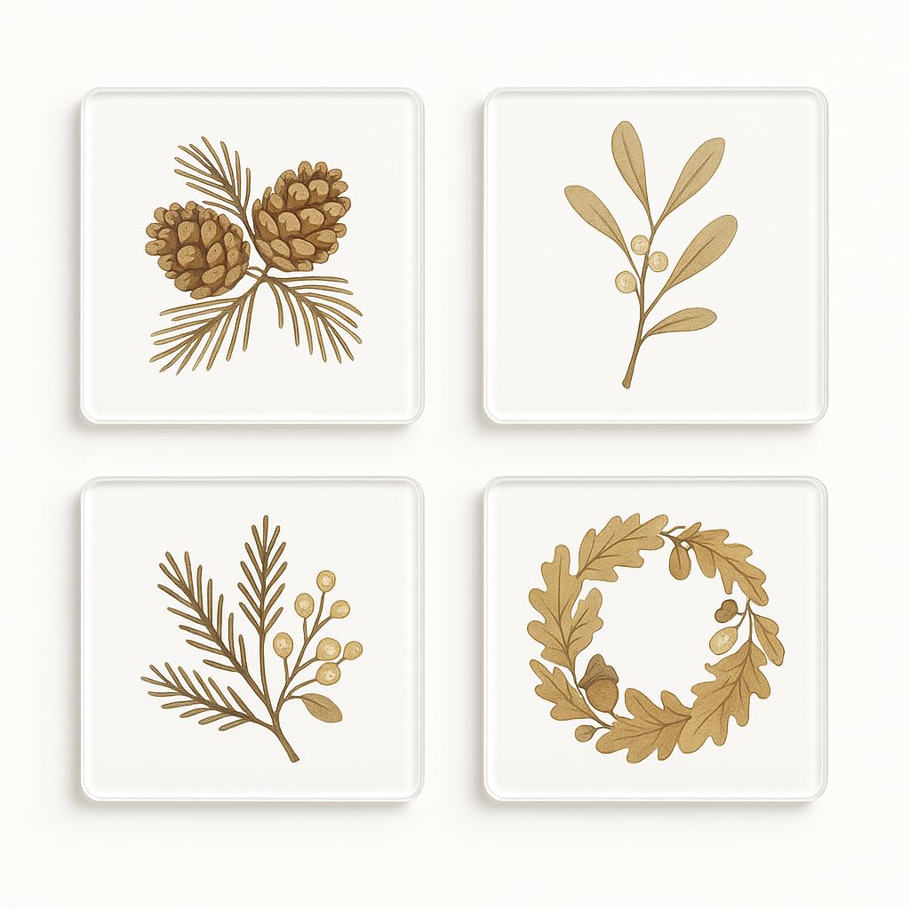The Plum Penguin Whispering Woodlands Acrylic Christmas Coaster Gift Set Of 4 With Hand-Illustrated Woodland Designs - Christmas Home Decor Collection