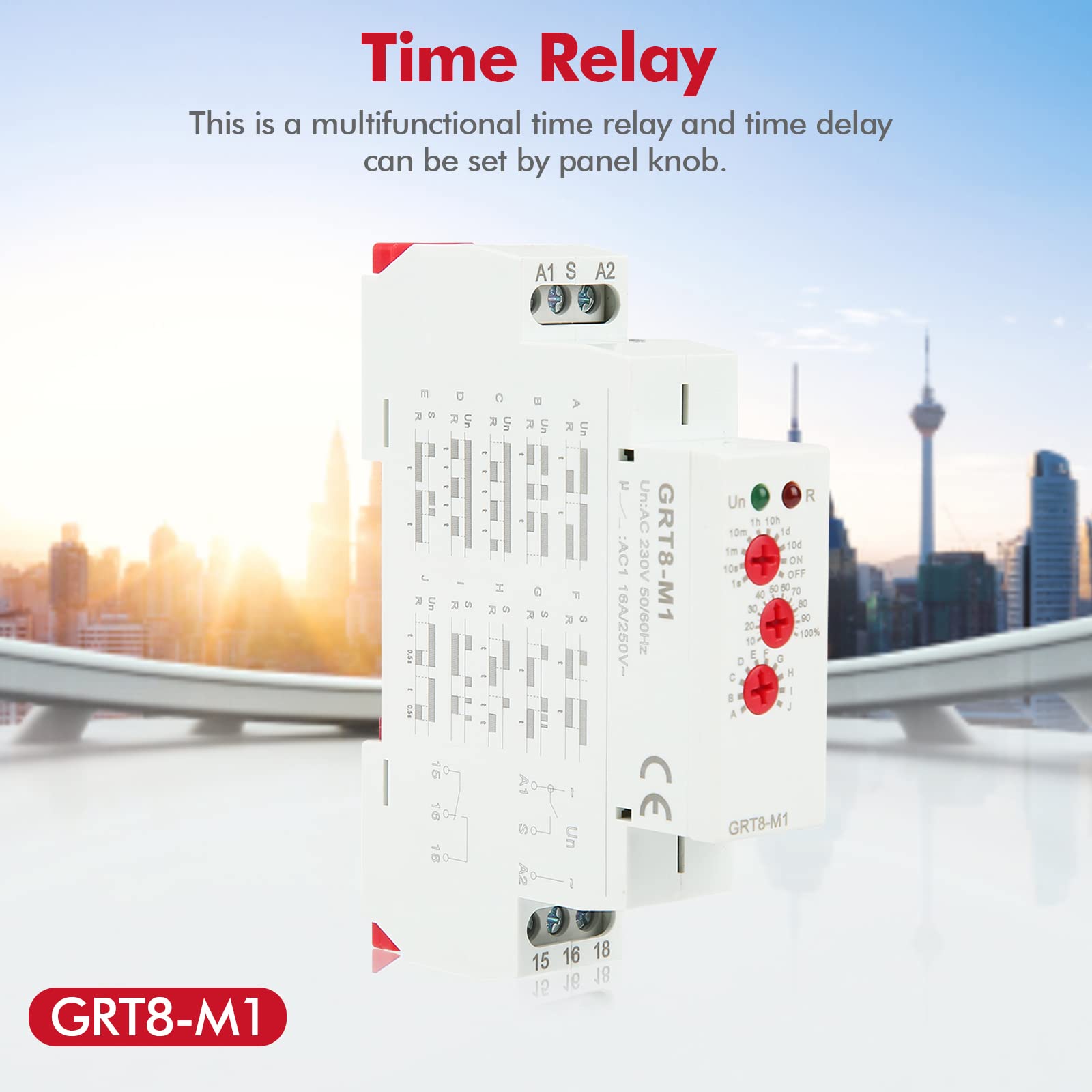 Relè Temporizzato Multifunzionale GRT8-M1 220V AC - 10 Funzioni, 0,1s-10 Giorni, Montaggio Su Guida DIN