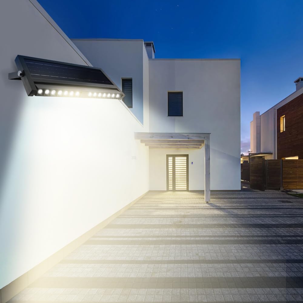 M Ledme - Applique da parete solare Vienna, luce solare per esterni, sensore crepuscolare, impermeabile, 1000 lm, CCT Dimmerabile da Luce Fredda a Luce Calda, IP54, per giardino, garage, cortile.