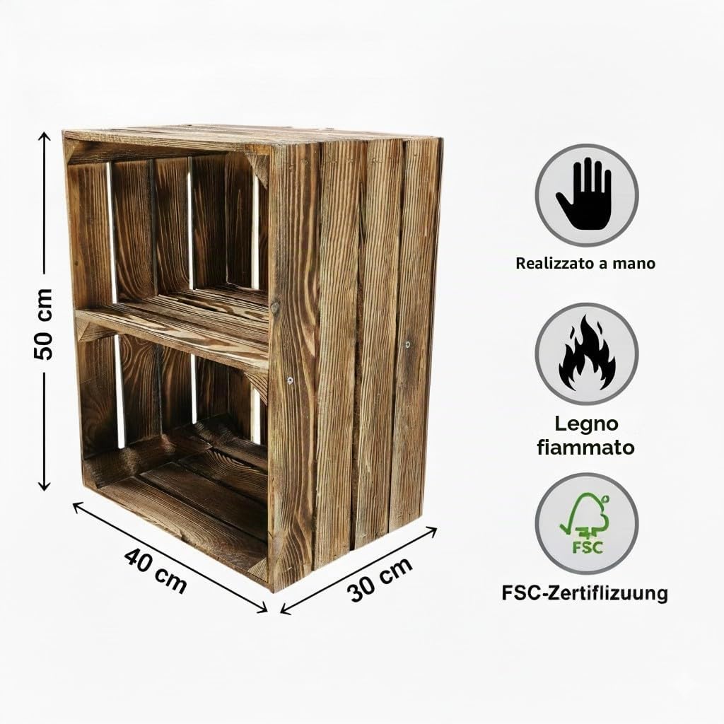 Teramico Cassette di legno fiammate con tavola centrale/ripiano intermedio per la conservazione delle scarpe (set da 50/3 pezzi, con ripiano corto)
