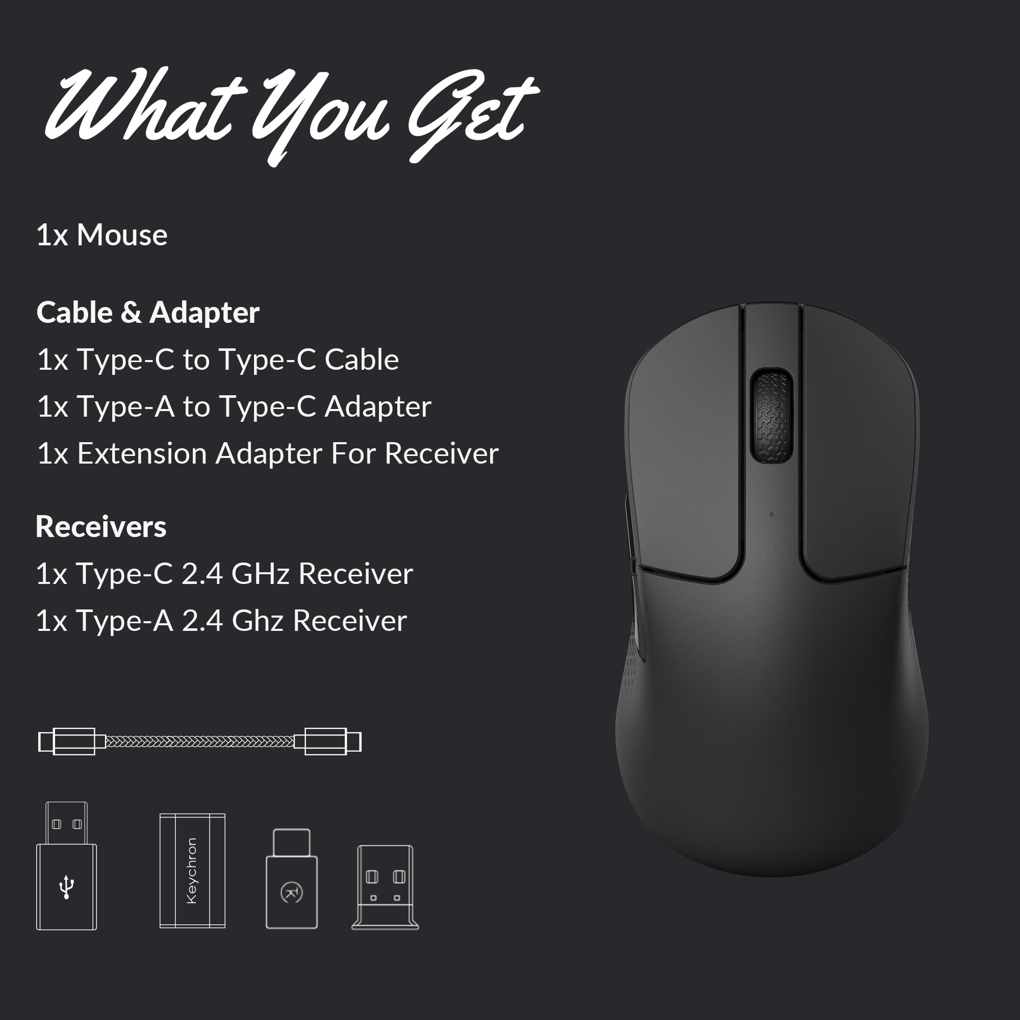 Keychron M3 Mouse Ottico Wireless, 2,4 GHz/Bluetooth 5.2/USB-C, 1000 Hz Frequenza di Polling, PixArt 3311, 12000 DPI, 300 IPS, Leggero ed Ergonomico, Mouse Programmabile per Windows, Mac e Linux, Nero